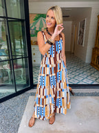 PATTERN OF THOUGHT ABSTRACT MIDI DRESS - BROWN/BLUE
