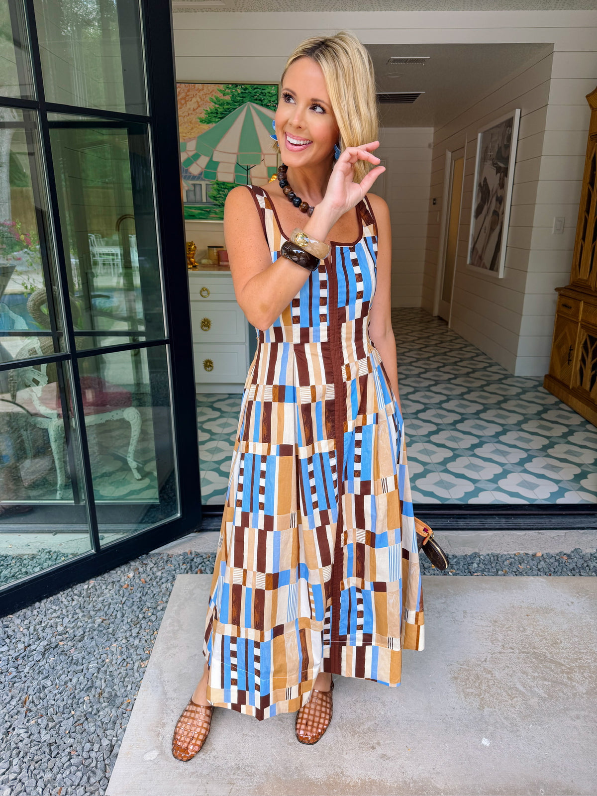 PATTERN OF THOUGHT ABSTRACT MIDI DRESS - BROWN/BLUE