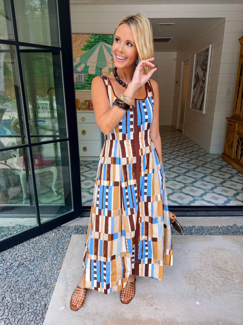 PATTERN OF THOUGHT ABSTRACT MIDI DRESS - BROWN/BLUE