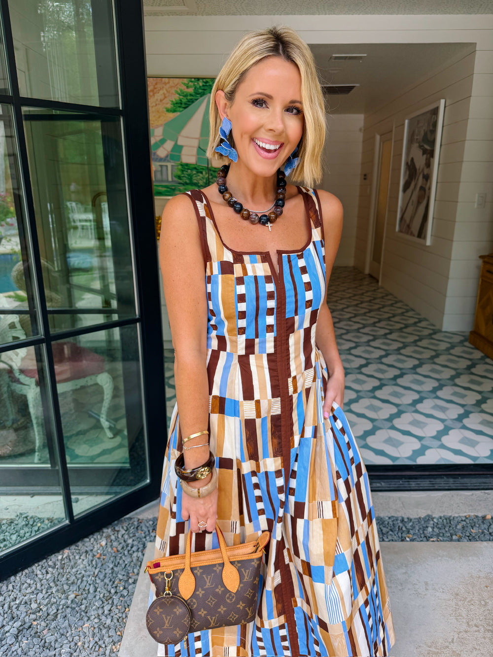 PATTERN OF THOUGHT ABSTRACT MIDI DRESS - BROWN/BLUE
