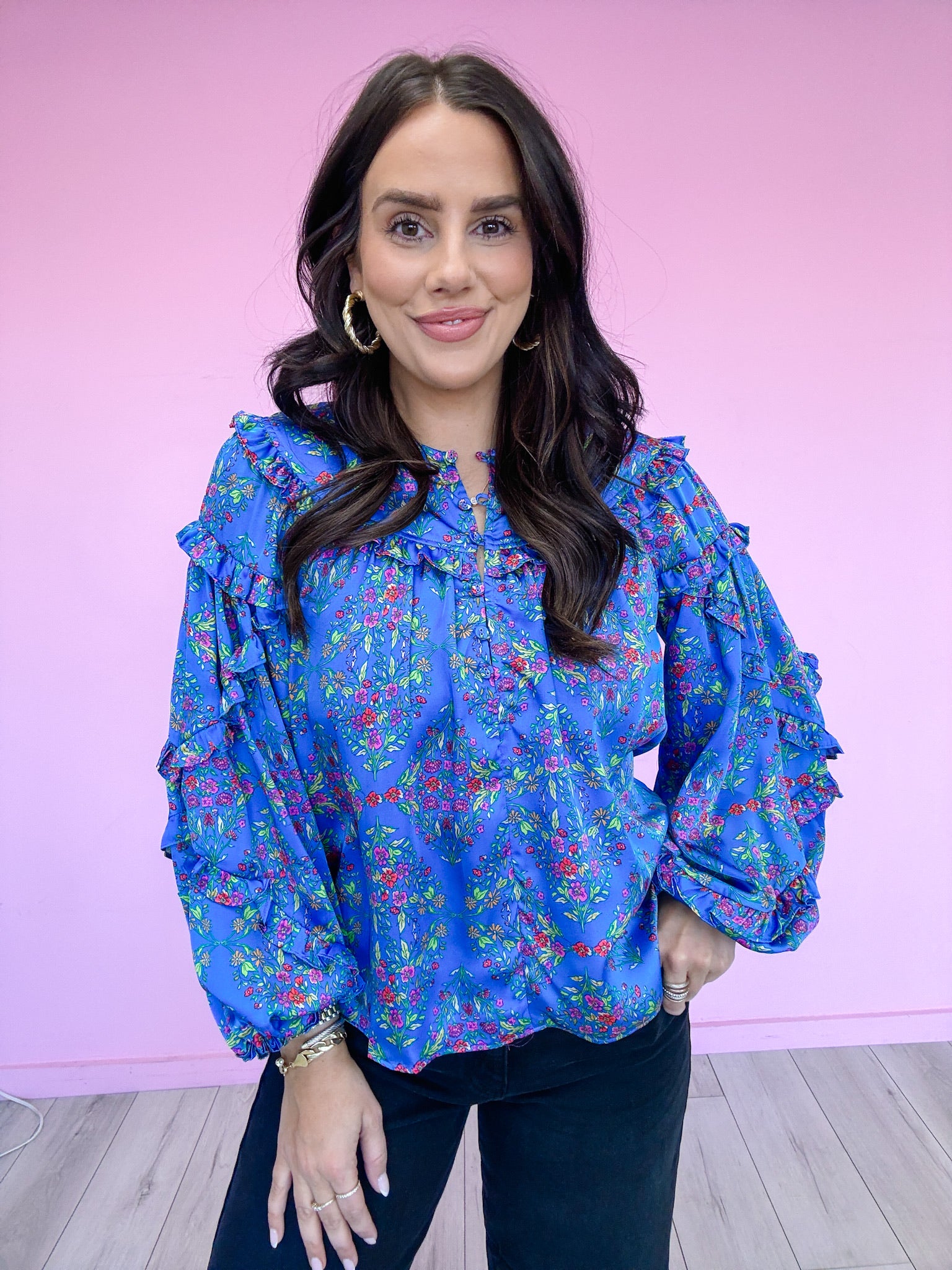 CONNECTED BY FLORALS RUFFLE BUTTON UP TOP - BLUE
