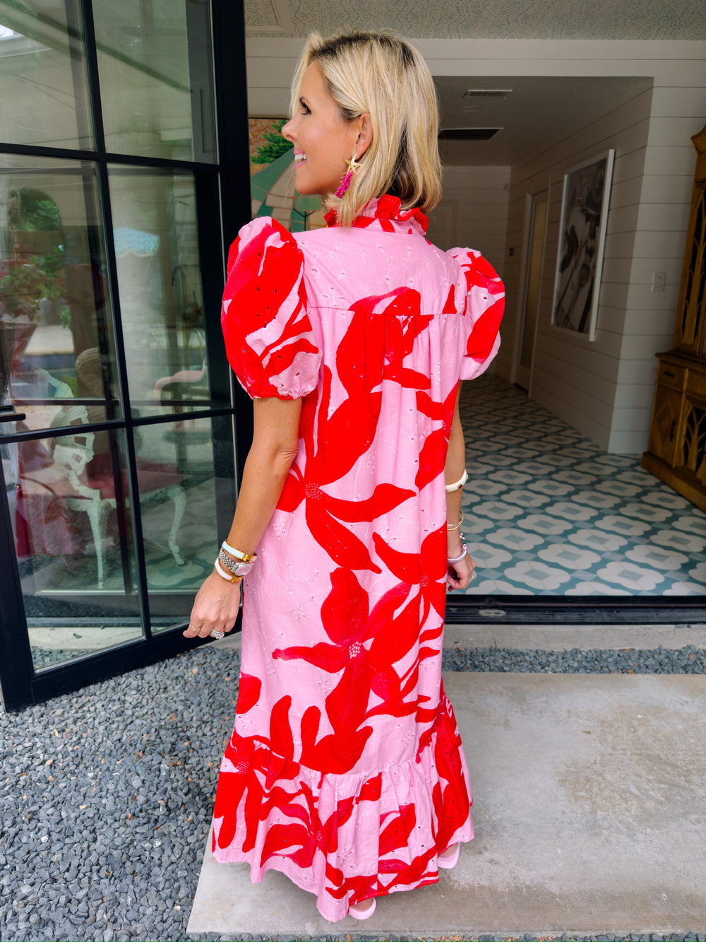 ECHOES OF A BLOOM EYELET MIDI DRESS - PINK/RED
