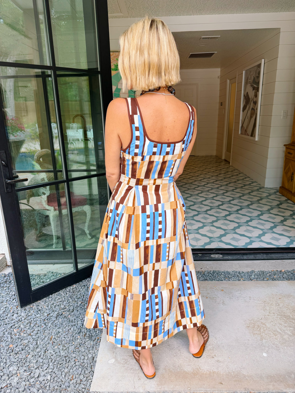 PATTERN OF THOUGHT ABSTRACT MIDI DRESS - BROWN/BLUE