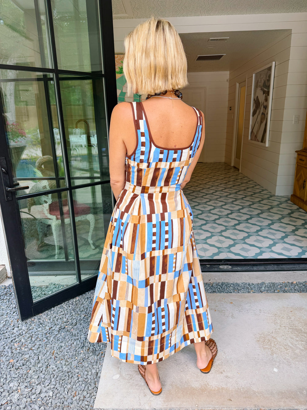 PATTERN OF THOUGHT ABSTRACT MIDI DRESS - BROWN/BLUE