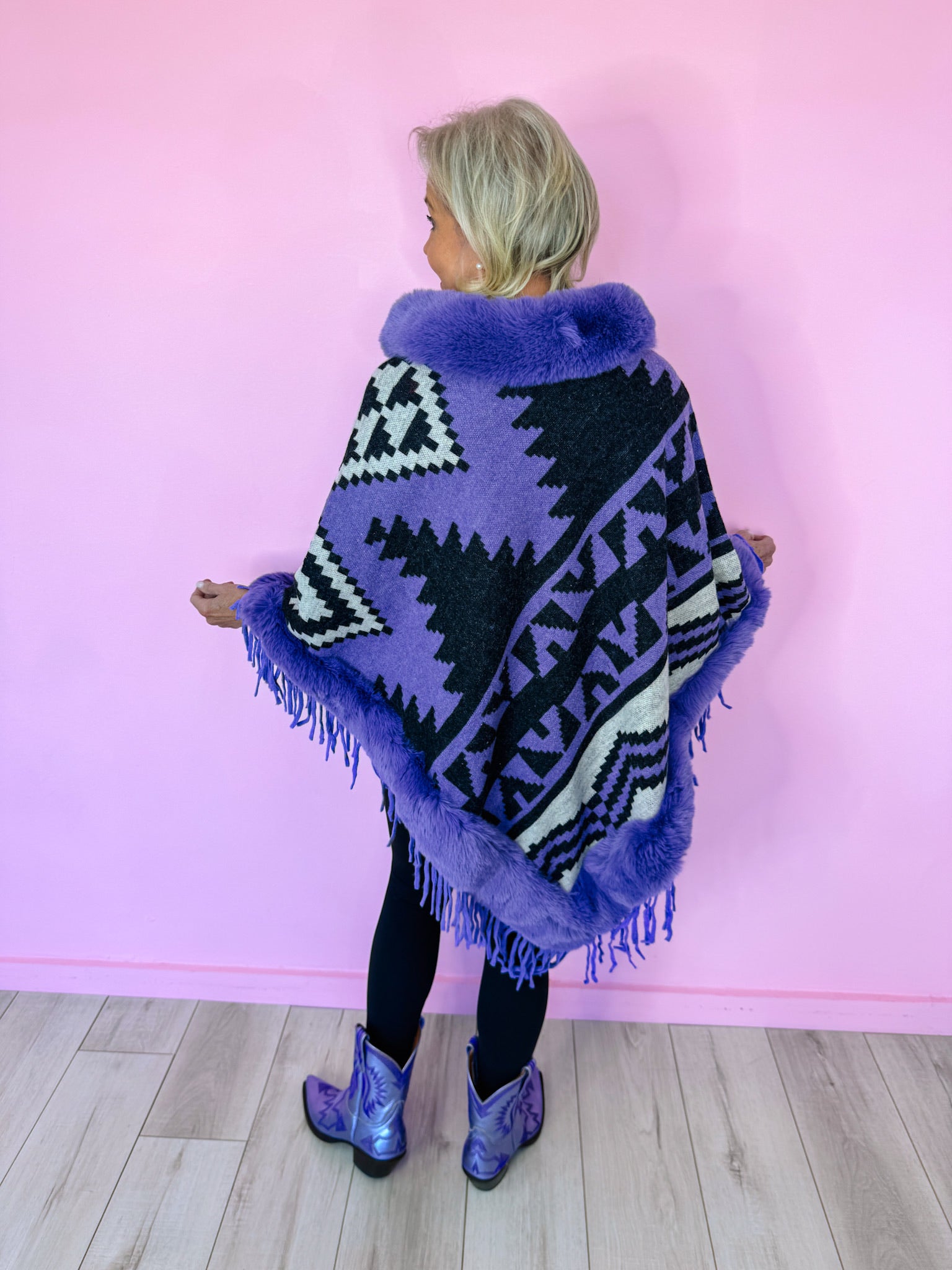 AZTEC MIRAGE FUR TRIM PONCHO - PURPLE