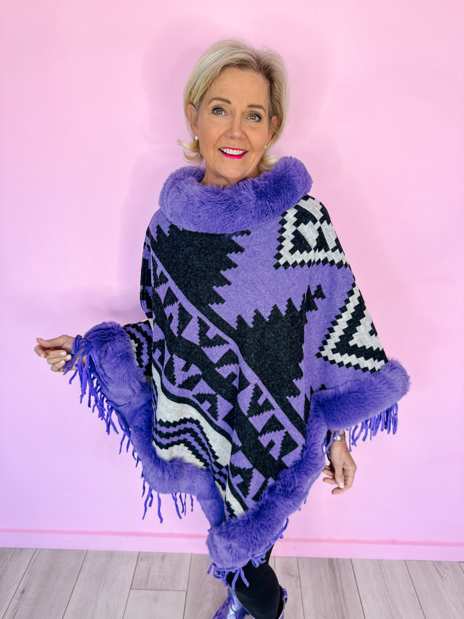 AZTEC MIRAGE FUR TRIM PONCHO - PURPLE