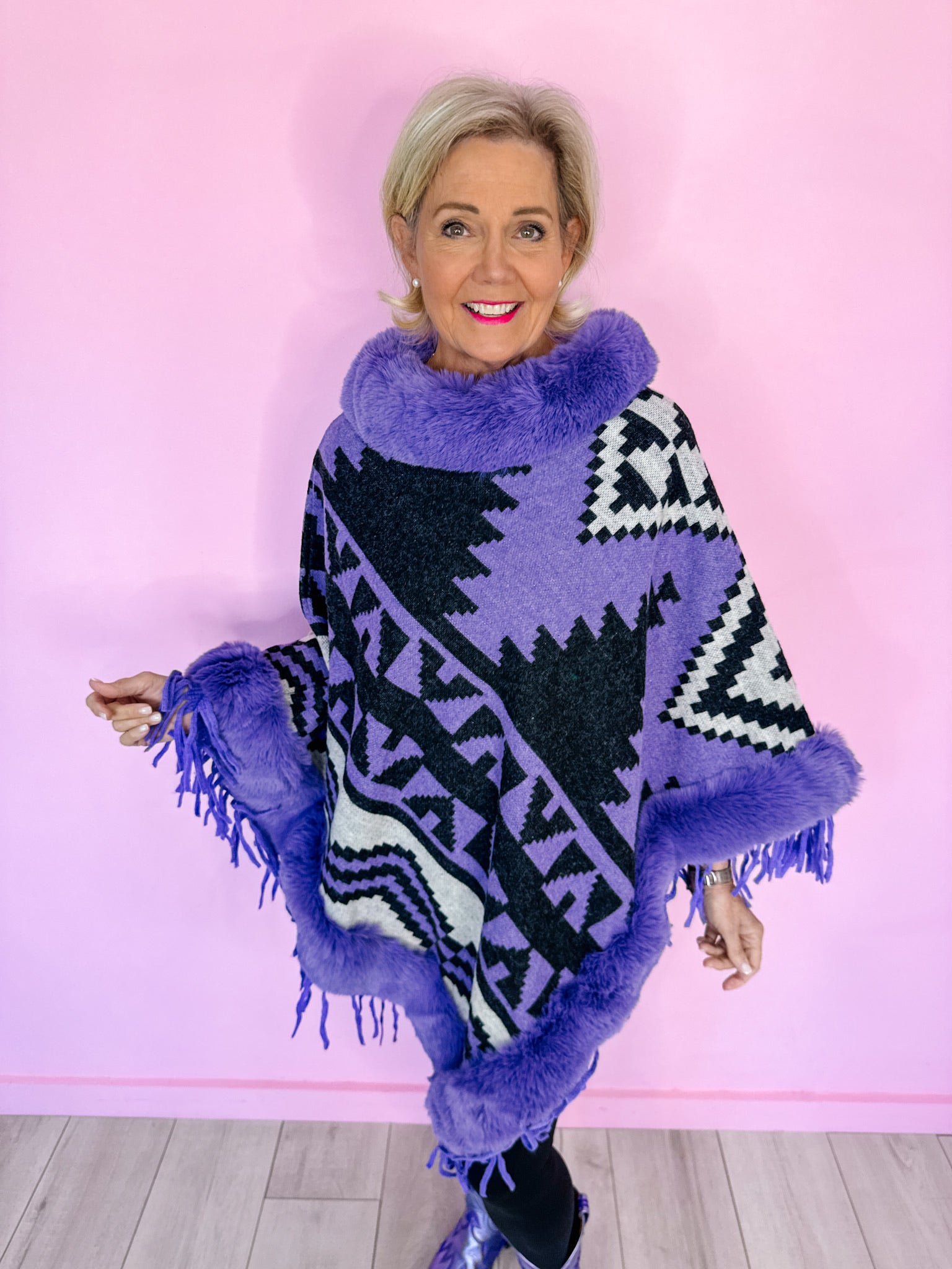 AZTEC MIRAGE FUR TRIM PONCHO - PURPLE