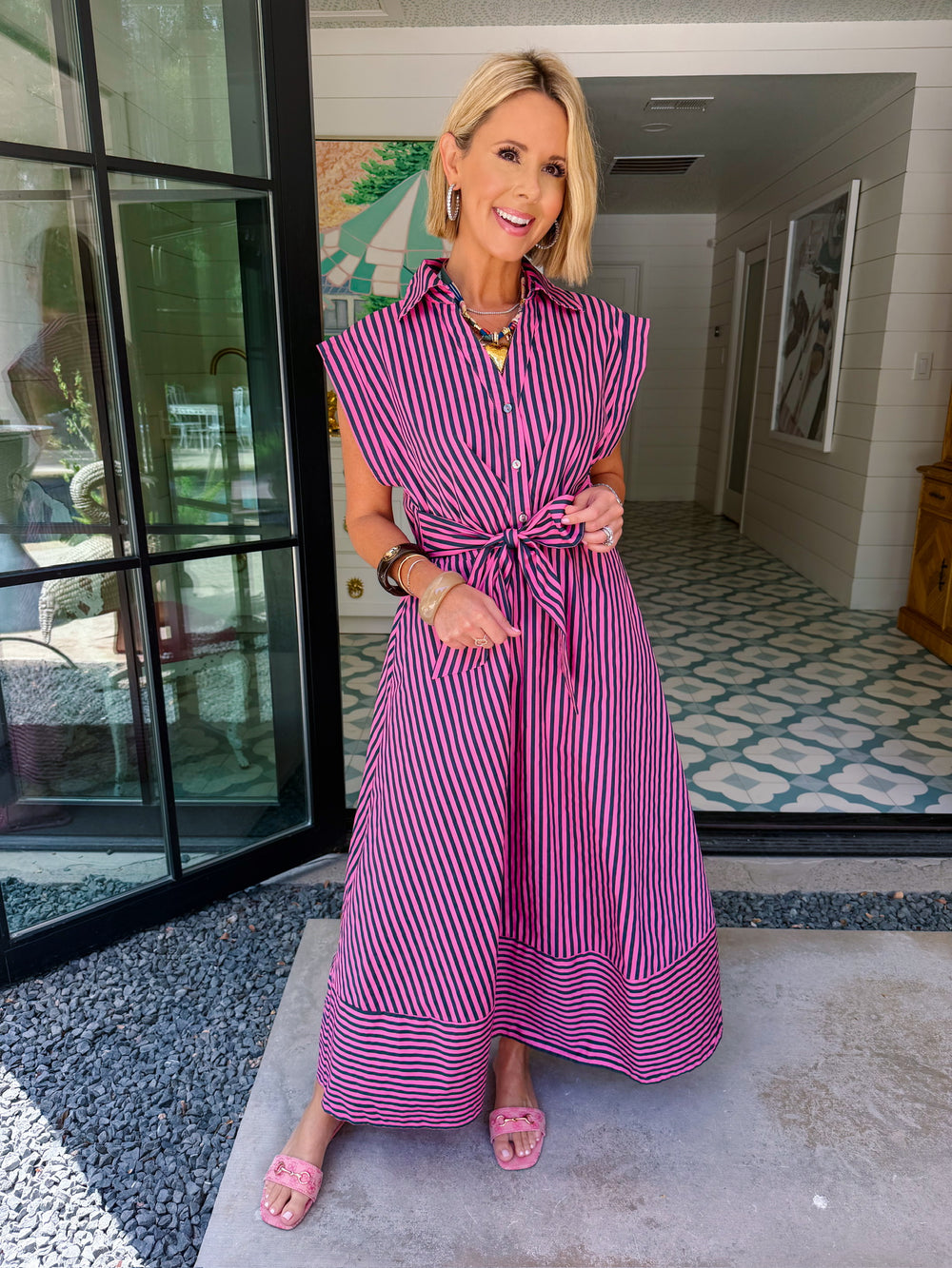 PAVE YOUR OWN PATH STRIPE TIE MIDI DRESS - PINK