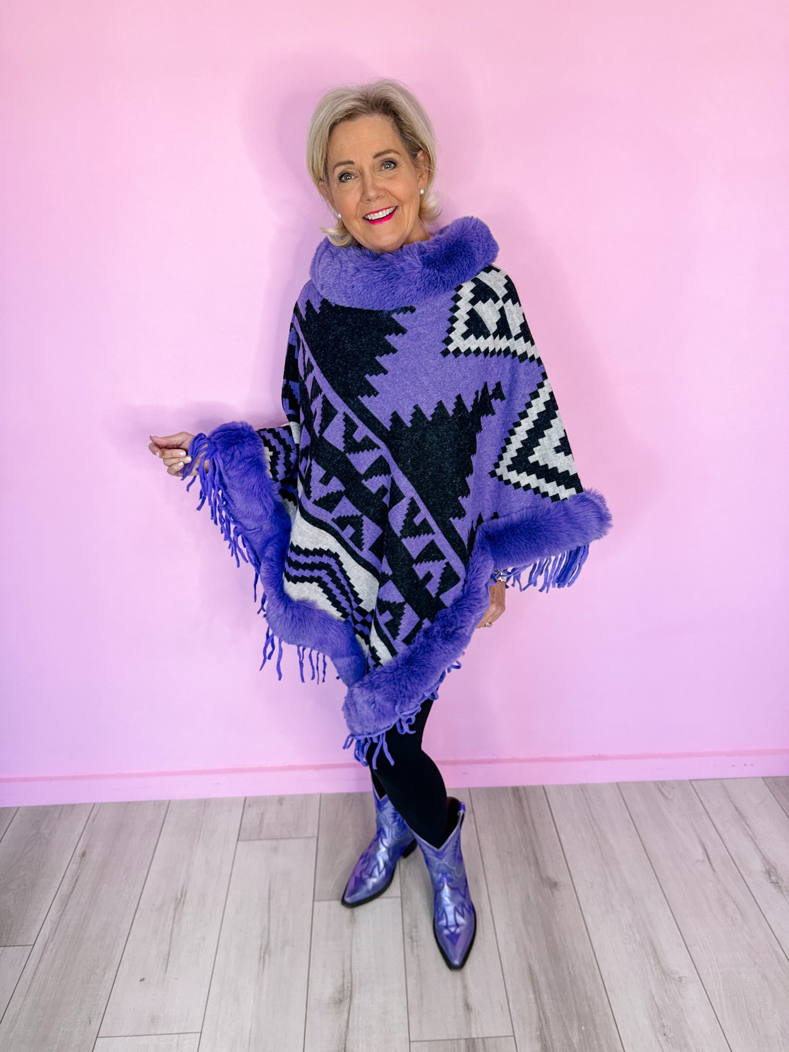 AZTEC MIRAGE FUR TRIM PONCHO - PURPLE