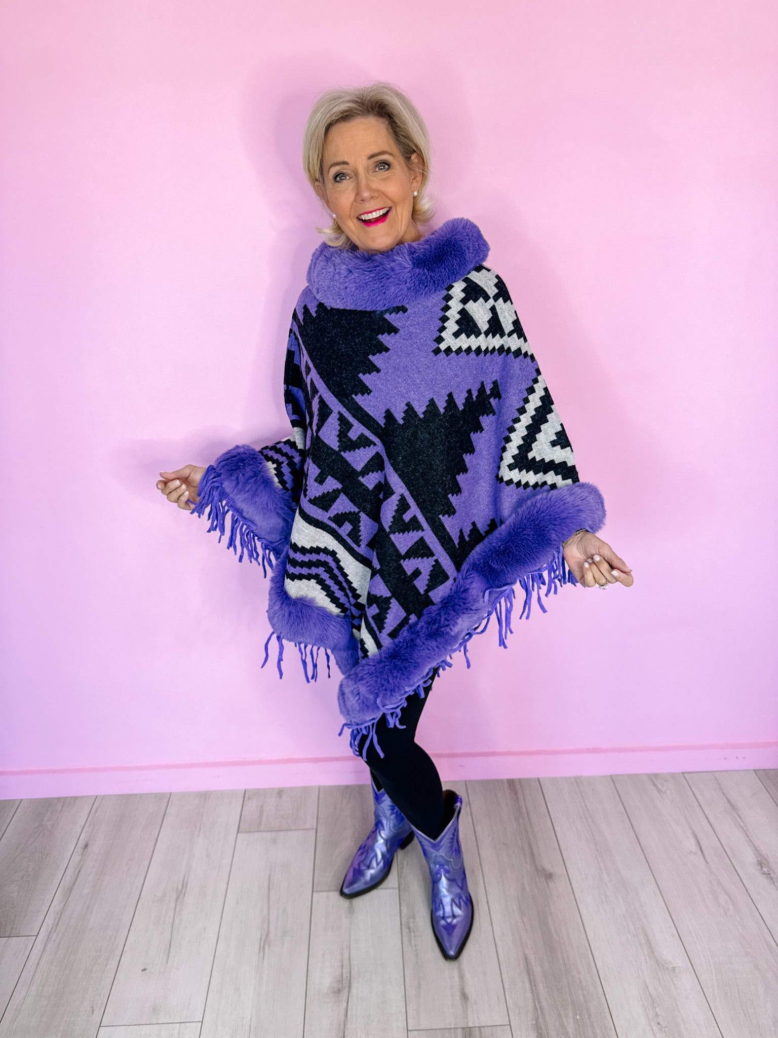 AZTEC MIRAGE FUR TRIM PONCHO - PURPLE