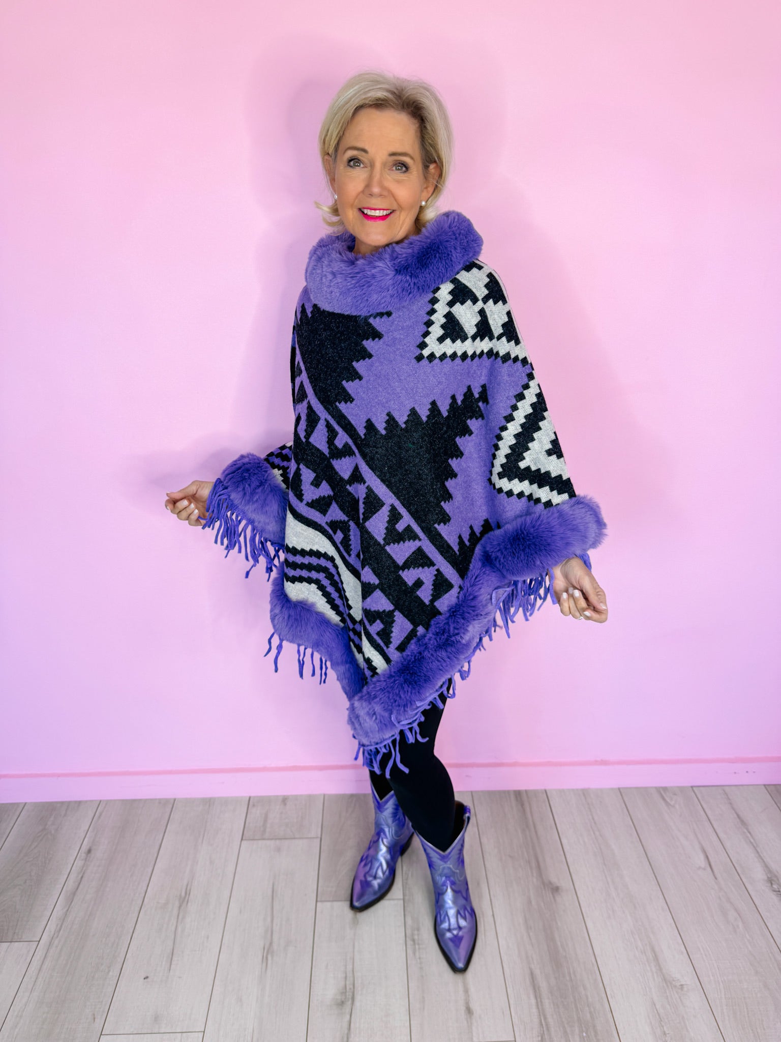 AZTEC MIRAGE FUR TRIM PONCHO - PURPLE