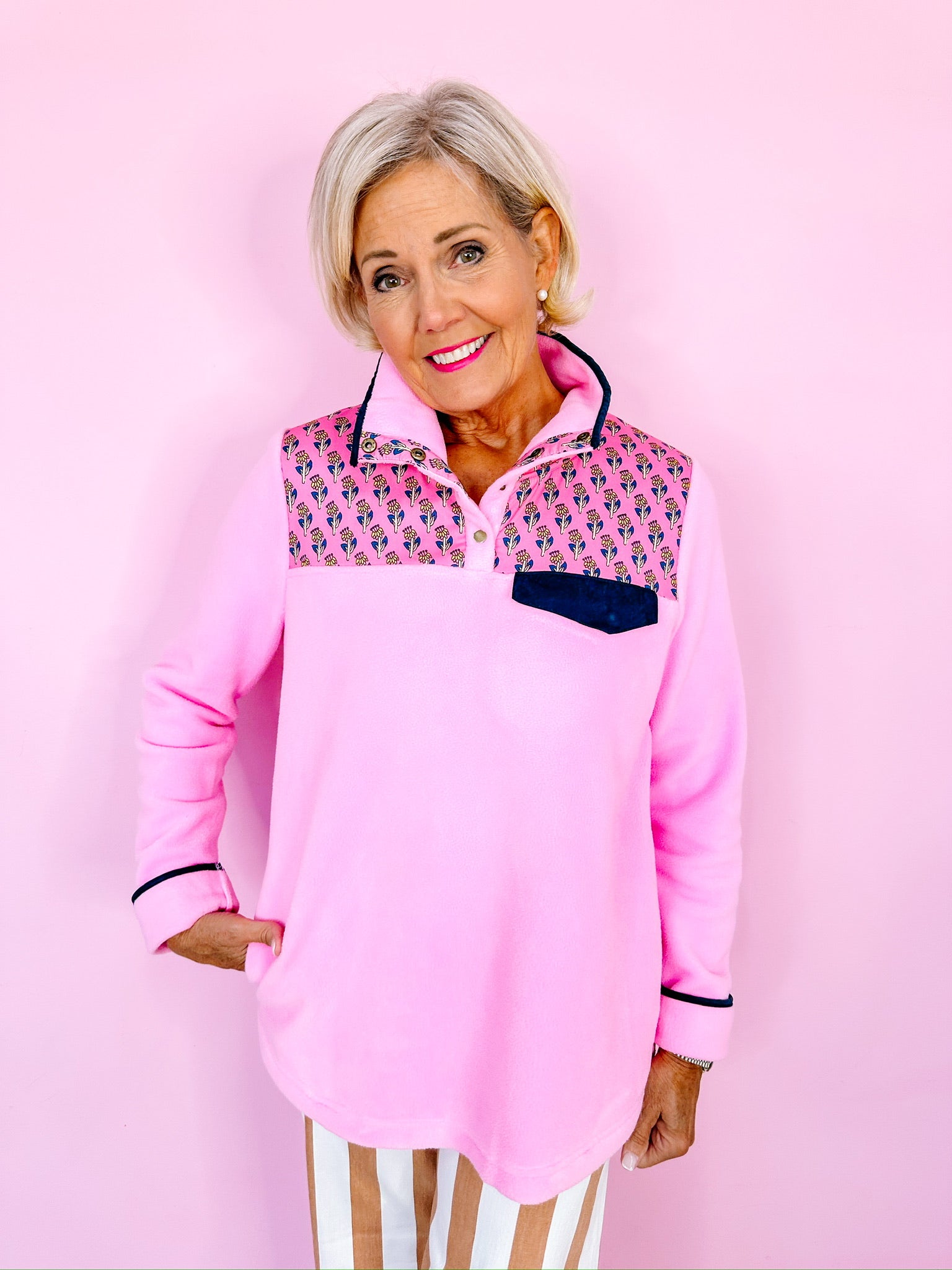 PAULINE FLORAL FLEECE PULLOVER - PINK