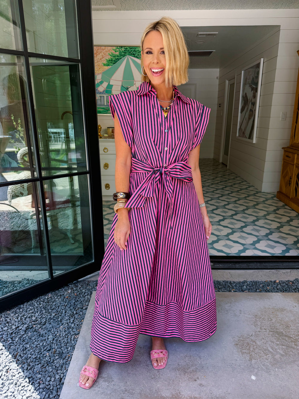 PAVE YOUR OWN PATH STRIPE TIE MIDI DRESS - PINK