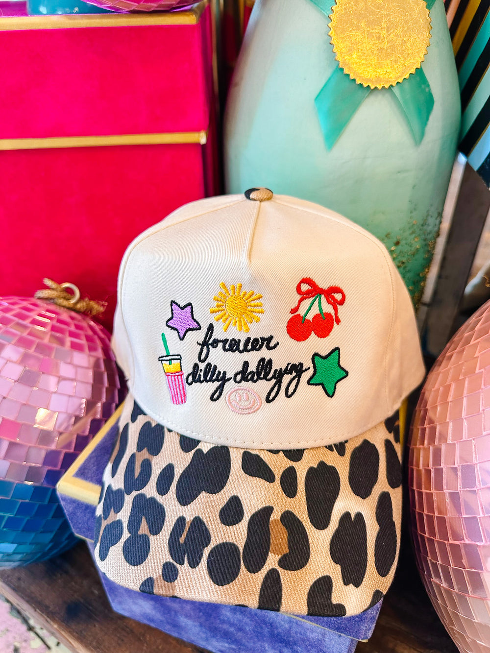 FOREVER DILLY DALLY LEOPARD CANVAS TRUCKER HAT