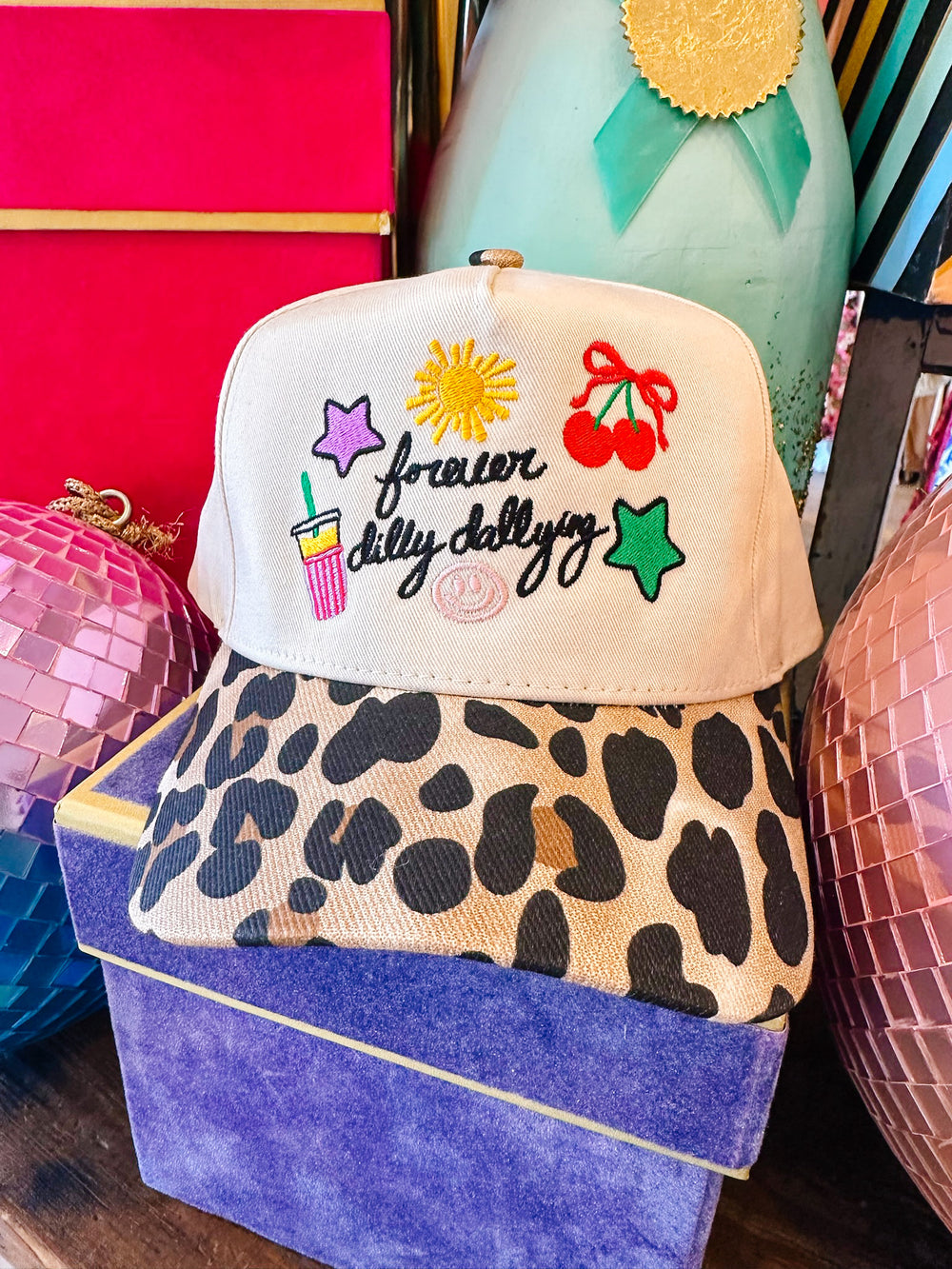 FOREVER DILLY DALLY LEOPARD CANVAS TRUCKER HAT