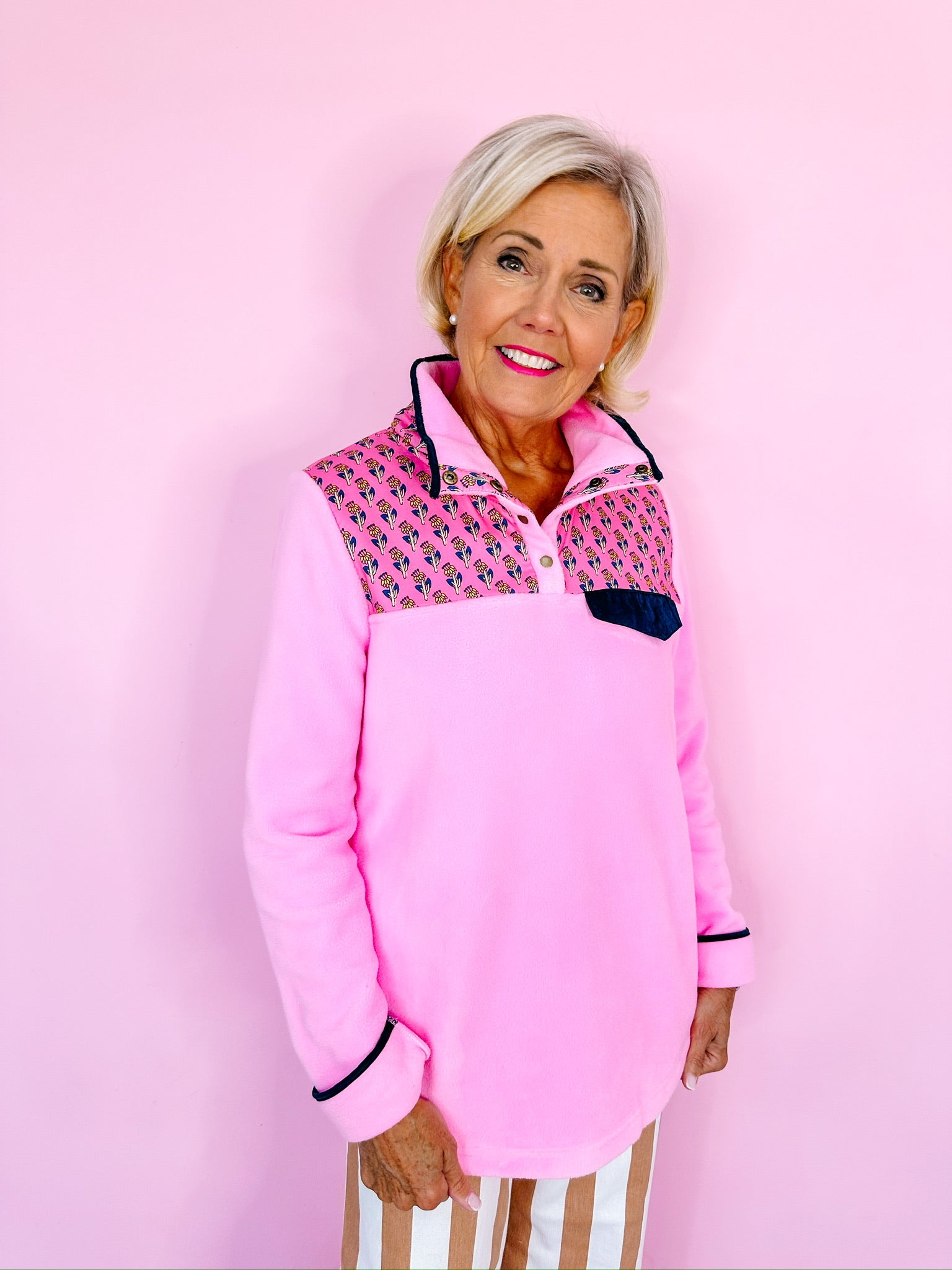 PAULINE FLORAL FLEECE PULLOVER - PINK