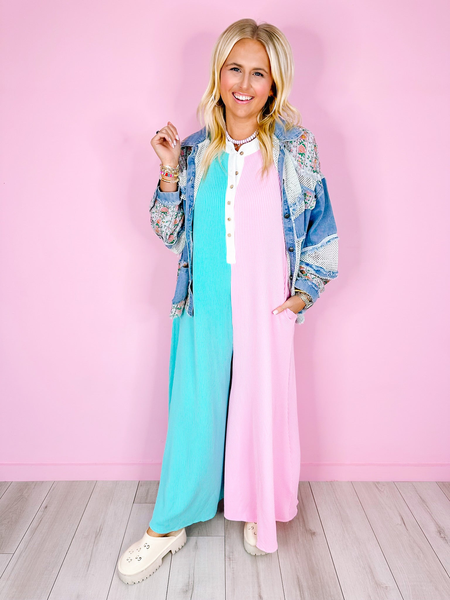 BE MY COLORBLOCK WIDE LEG JUMPSUIT - BLUE/PINK