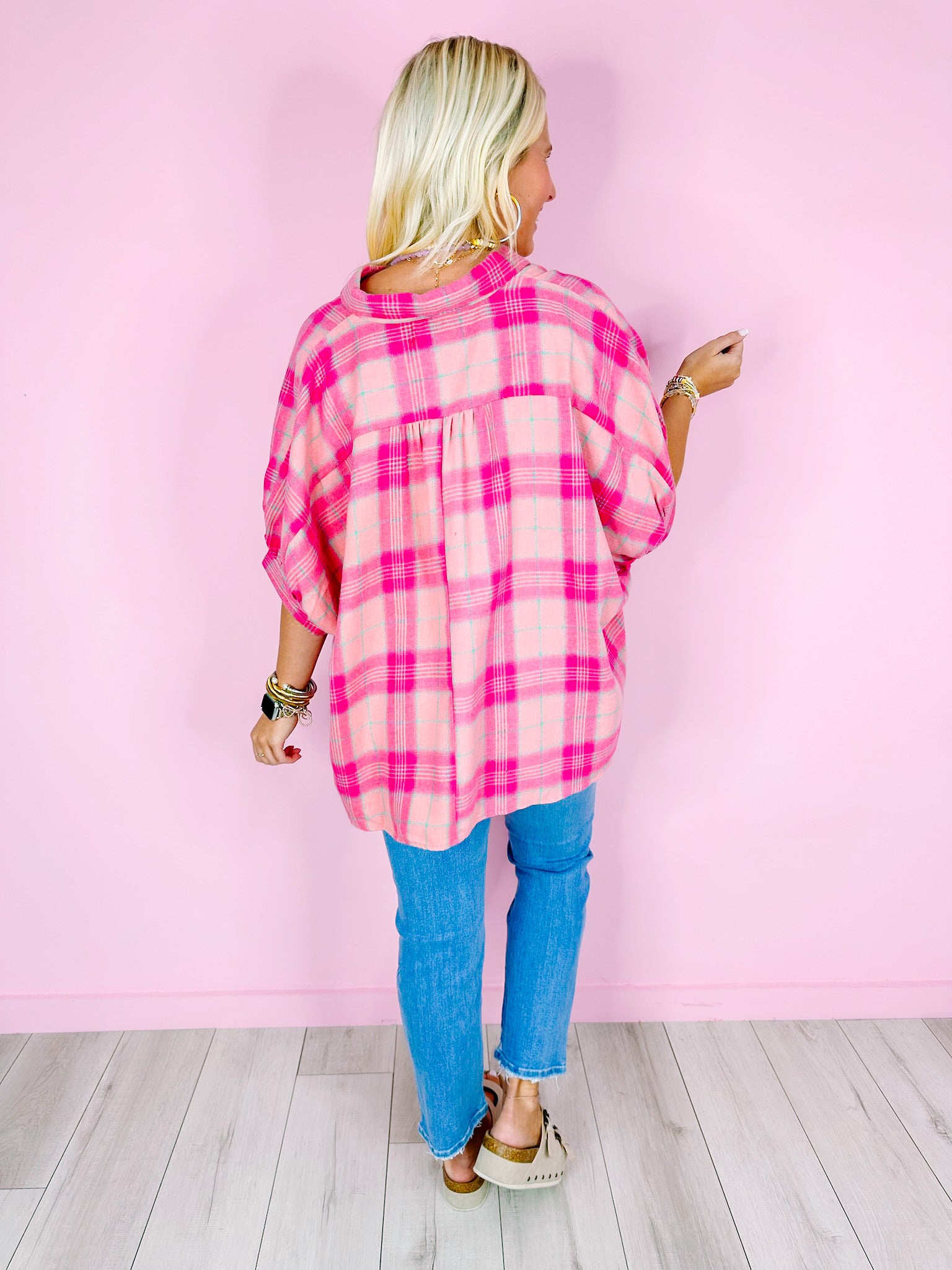 PICK YOUR PLAID BUTTON UP TOP - PINK