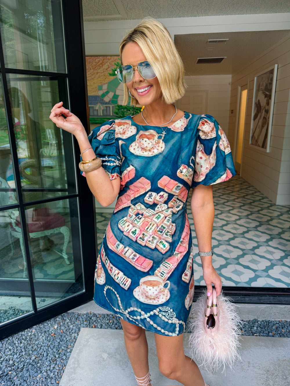 MAHJONG WITH THE GIRLS PUFF SLEEVE DRESS - BLUE