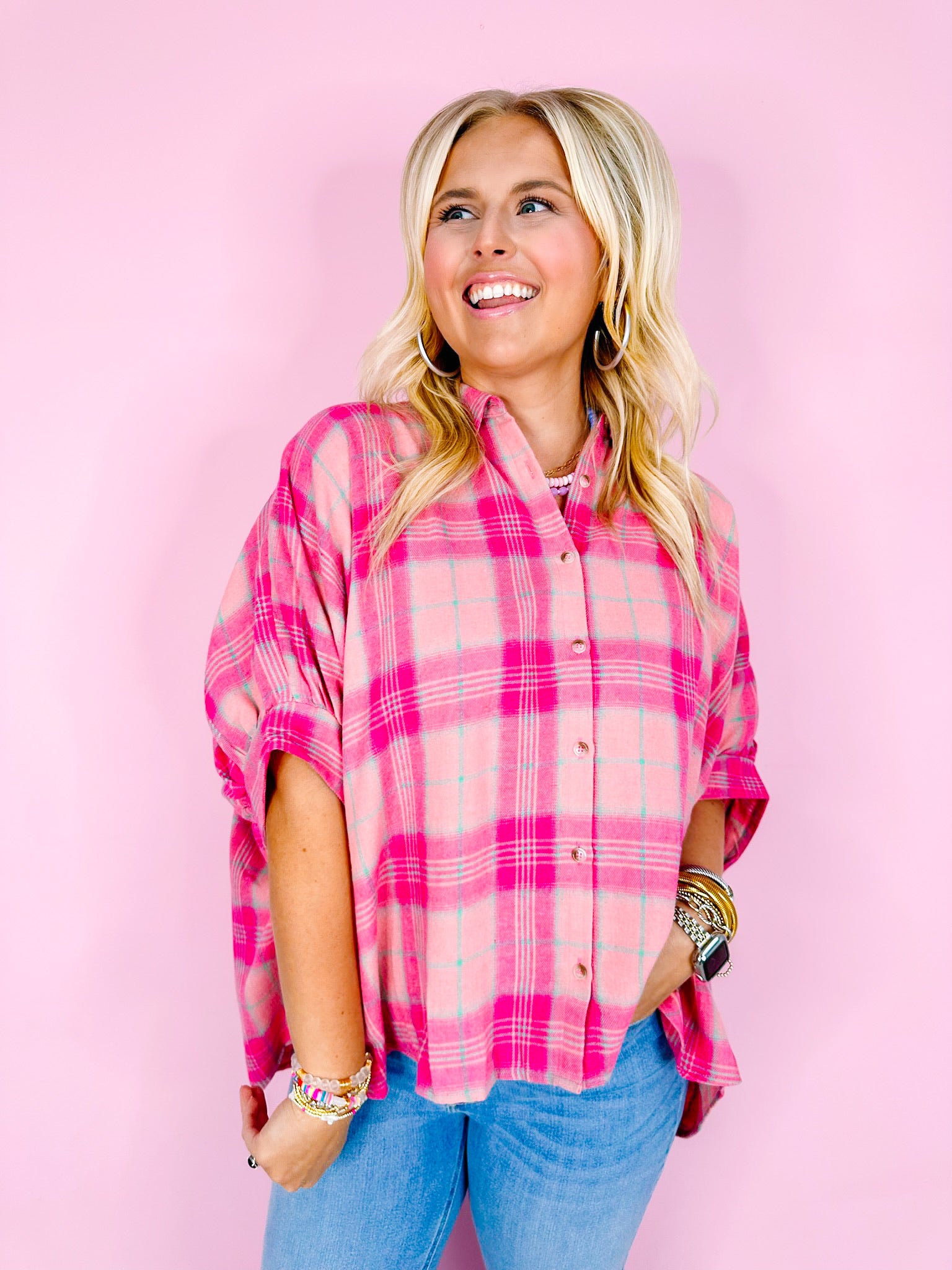 PICK YOUR PLAID BUTTON UP TOP - PINK