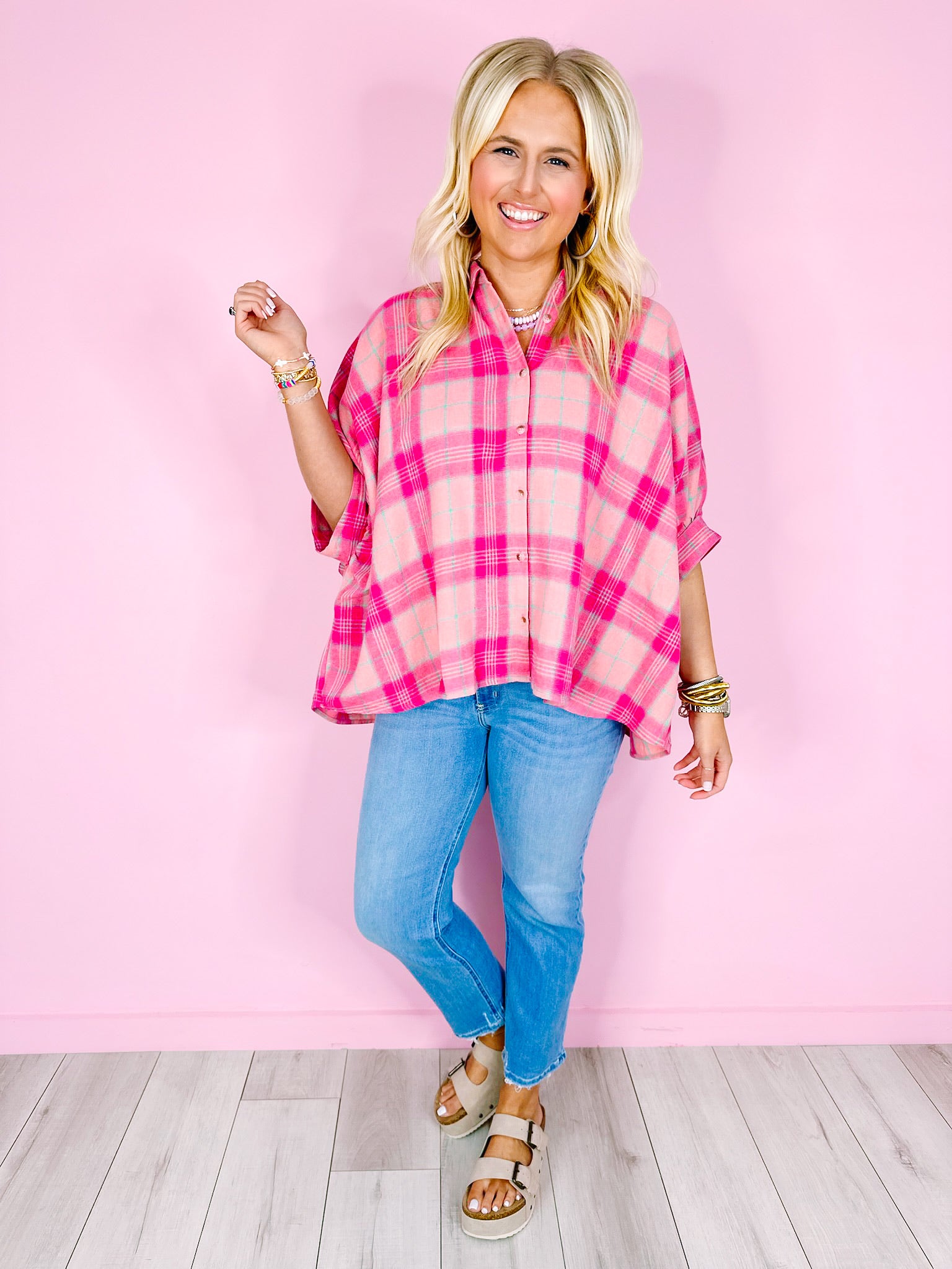 PICK YOUR PLAID BUTTON UP TOP - PINK