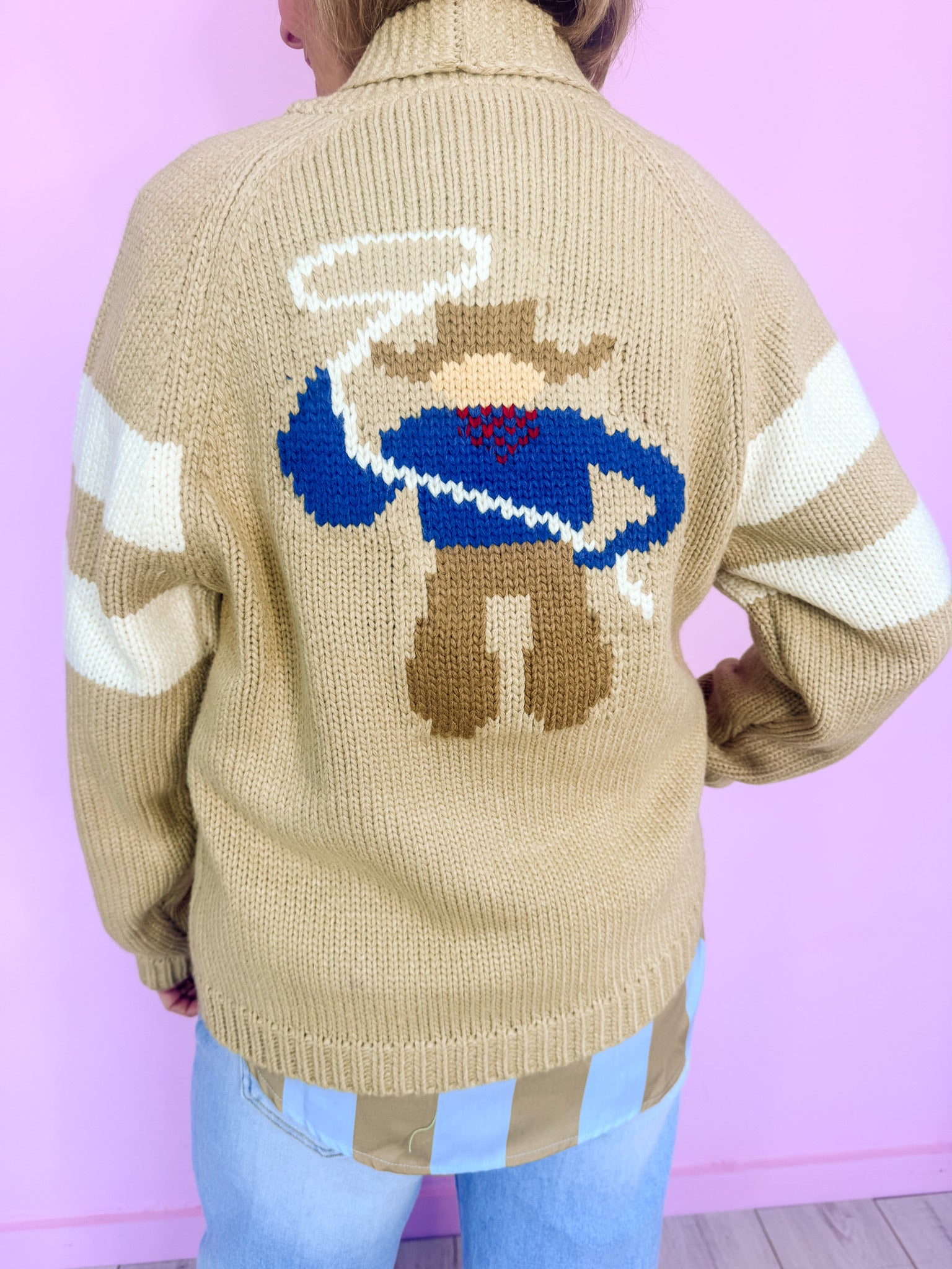 LASSO YOU IN COWBOY CARDIGAN - CAMEL/BLUE