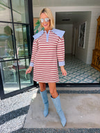 COLLINS OVERSIZED COLLAR STRIPE LONGSLEEVE DRESS - MAROON/CREAM