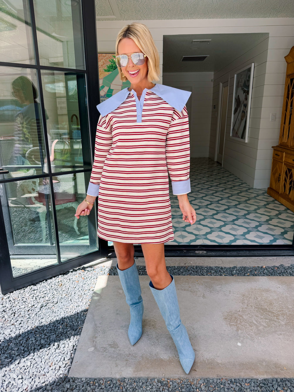 COLLINS OVERSIZED COLLAR STRIPE LONGSLEEVE DRESS - MAROON/CREAM