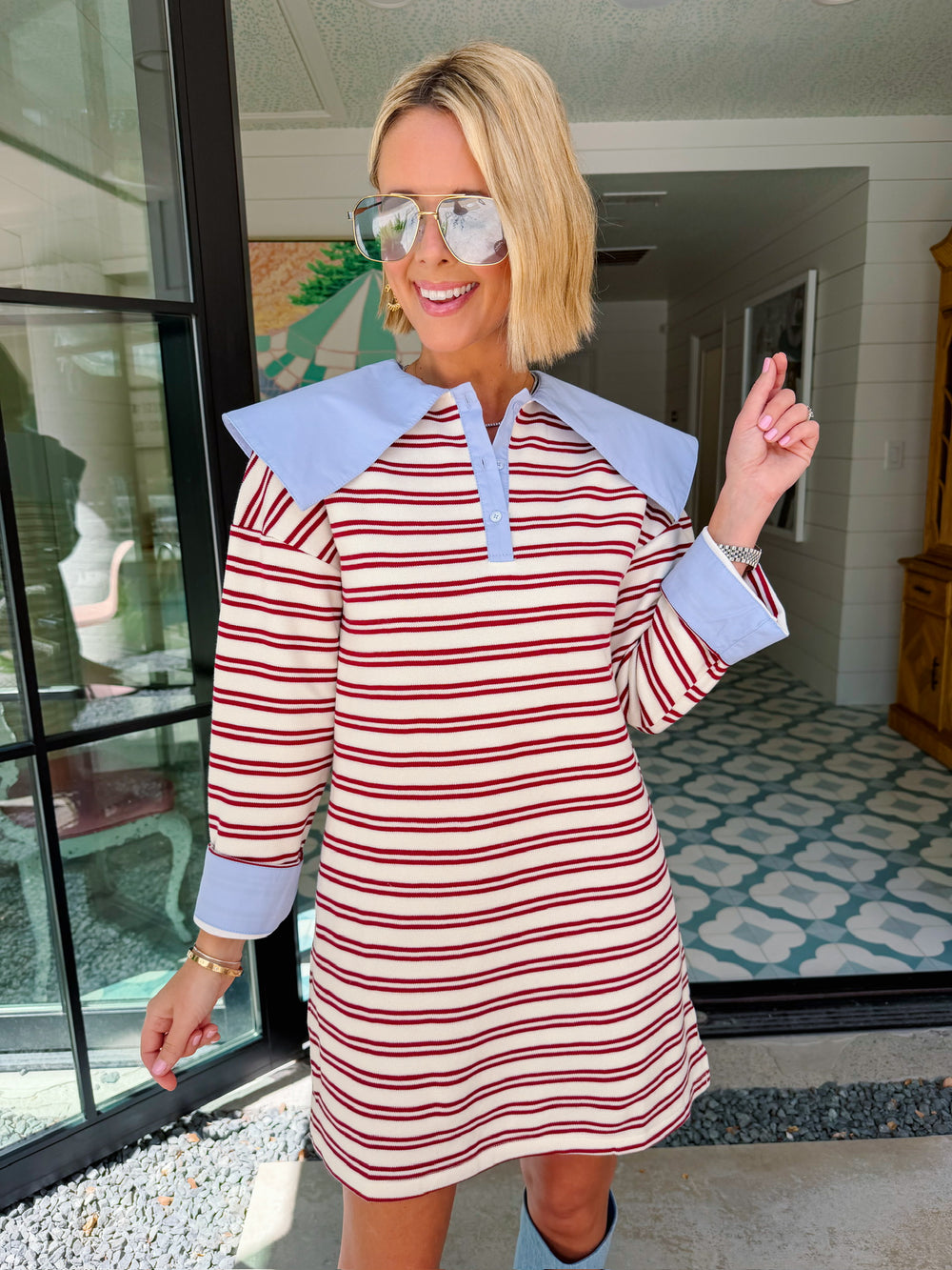 COLLINS OVERSIZED COLLAR STRIPE LONGSLEEVE DRESS - MAROON/CREAM