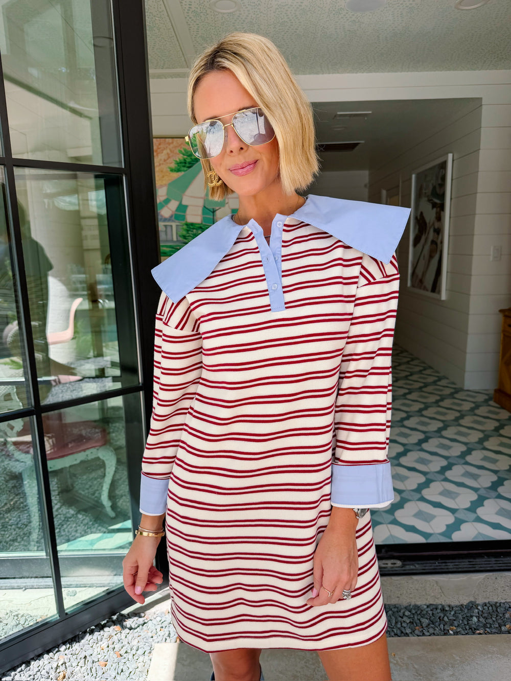 COLLINS OVERSIZED COLLAR STRIPE LONGSLEEVE DRESS - MAROON/CREAM