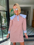 COLLINS OVERSIZED COLLAR STRIPE LONGSLEEVE DRESS - MAROON/CREAM