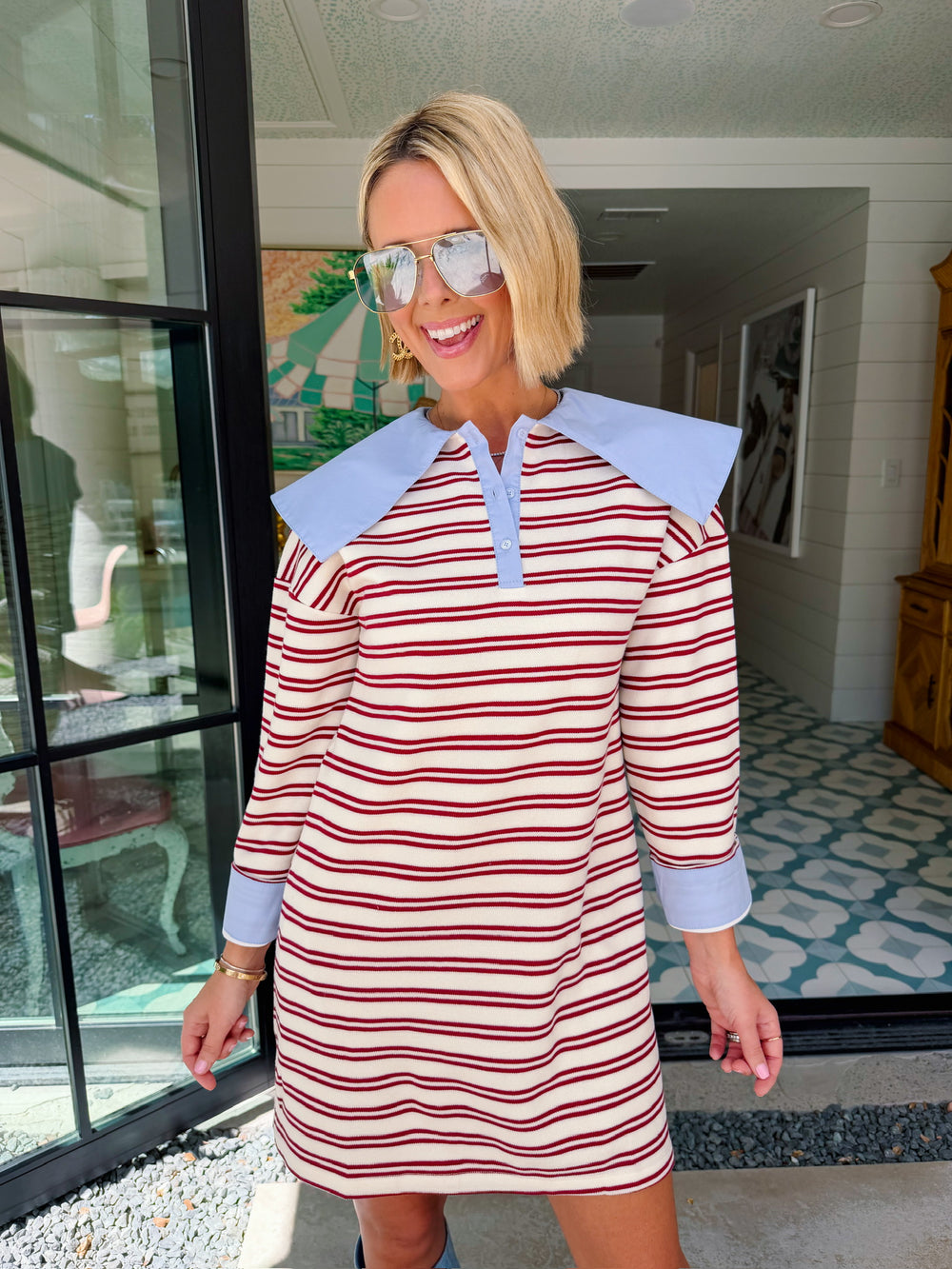 COLLINS OVERSIZED COLLAR STRIPE LONGSLEEVE DRESS - MAROON/CREAM