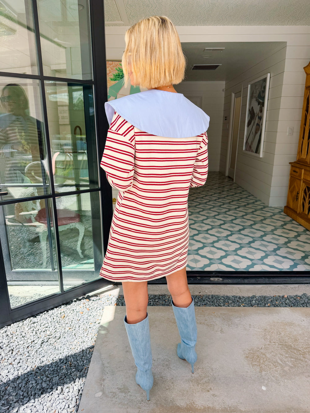 COLLINS OVERSIZED COLLAR STRIPE LONGSLEEVE DRESS - MAROON/CREAM