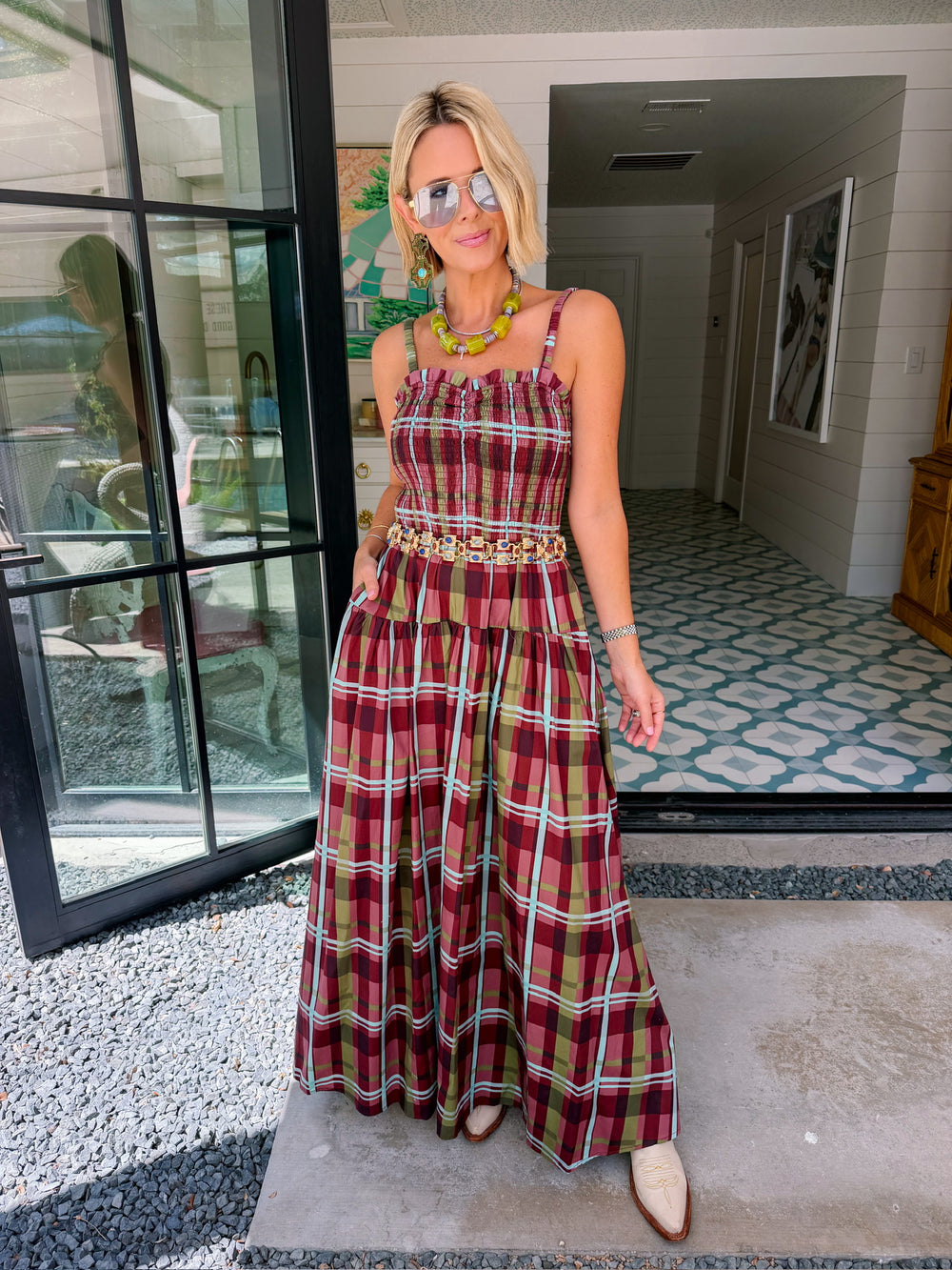 KAYLA SMOCKED PLAID MIDI DRESS - BURGUNDY