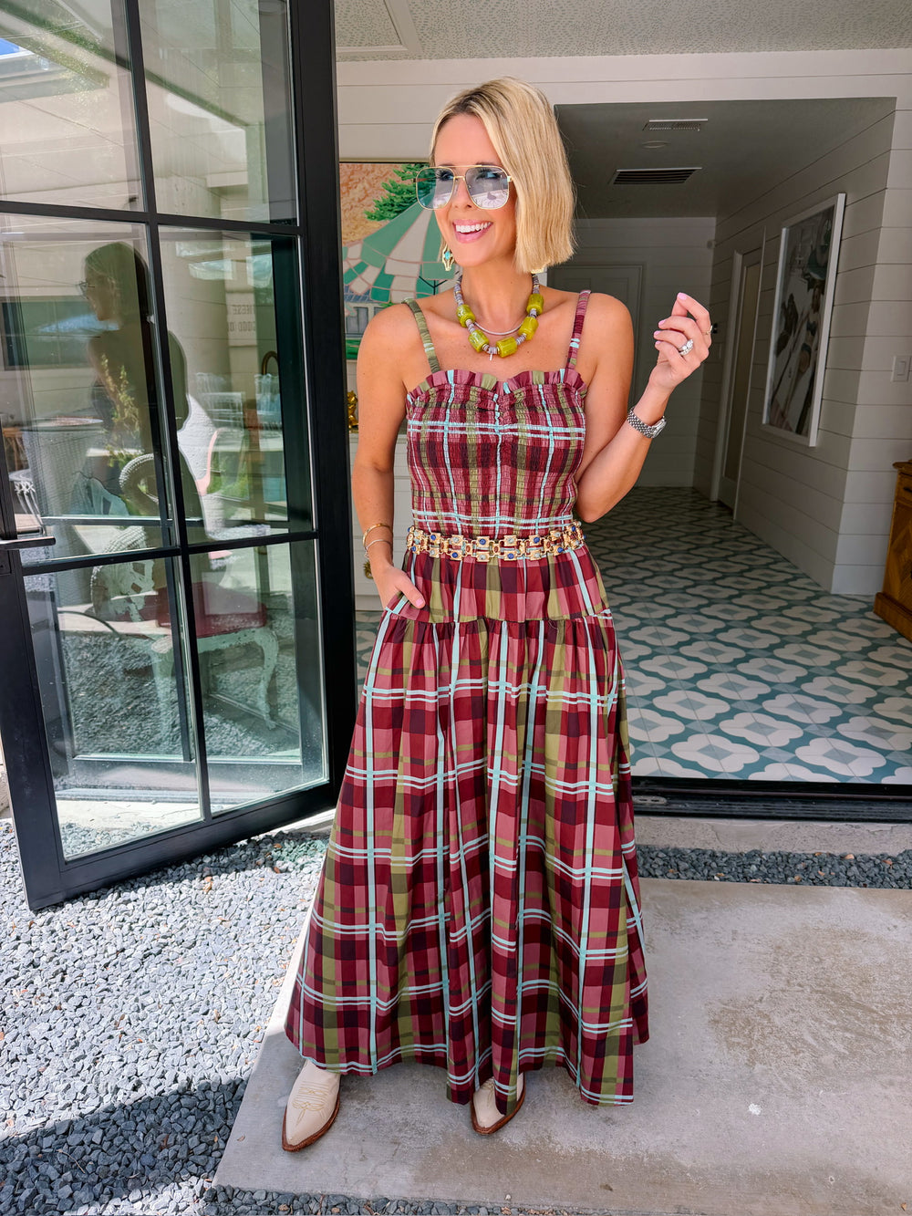 KAYLA SMOCKED PLAID MIDI DRESS - BURGUNDY