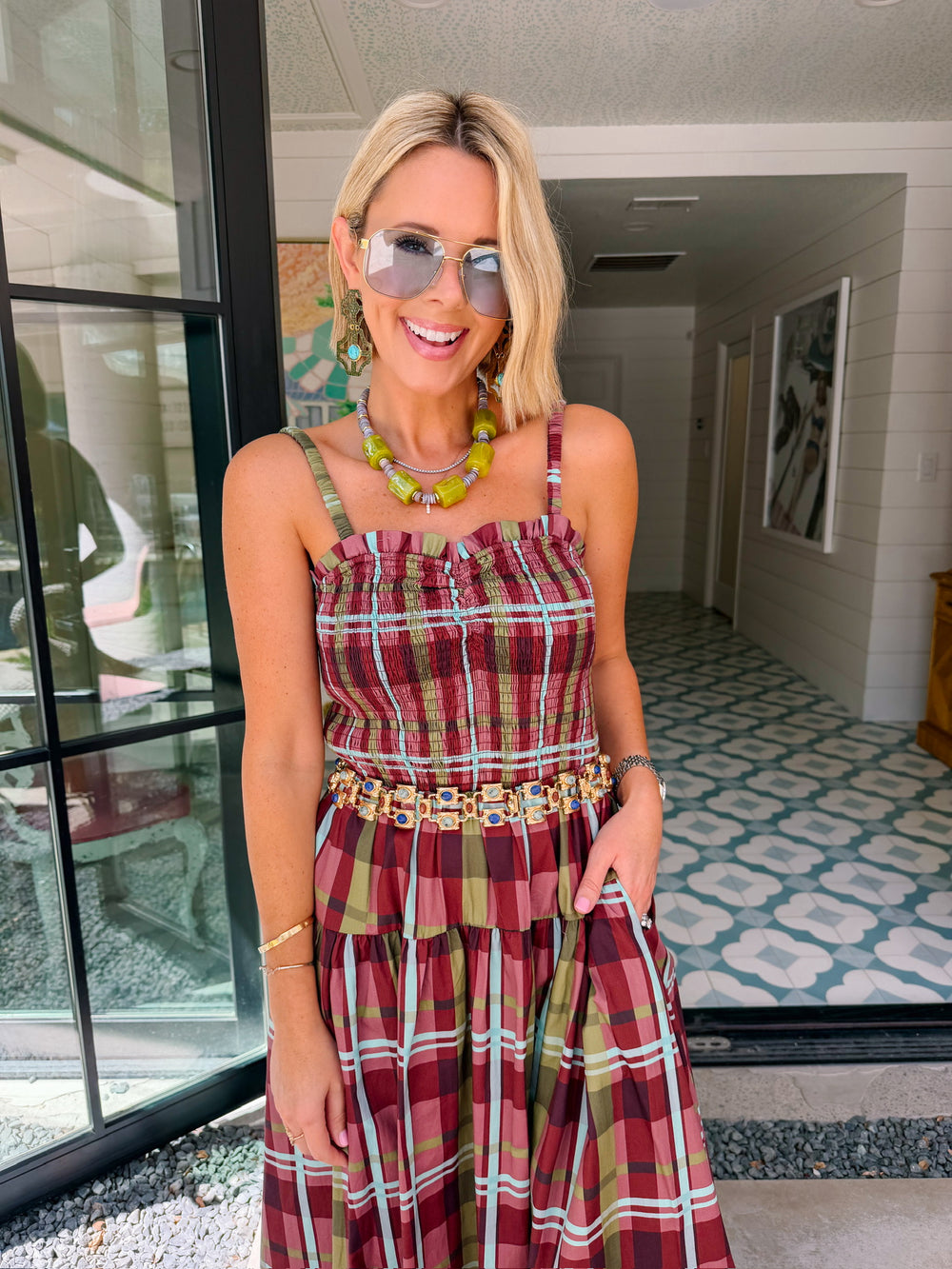 KAYLA SMOCKED PLAID MIDI DRESS - BURGUNDY