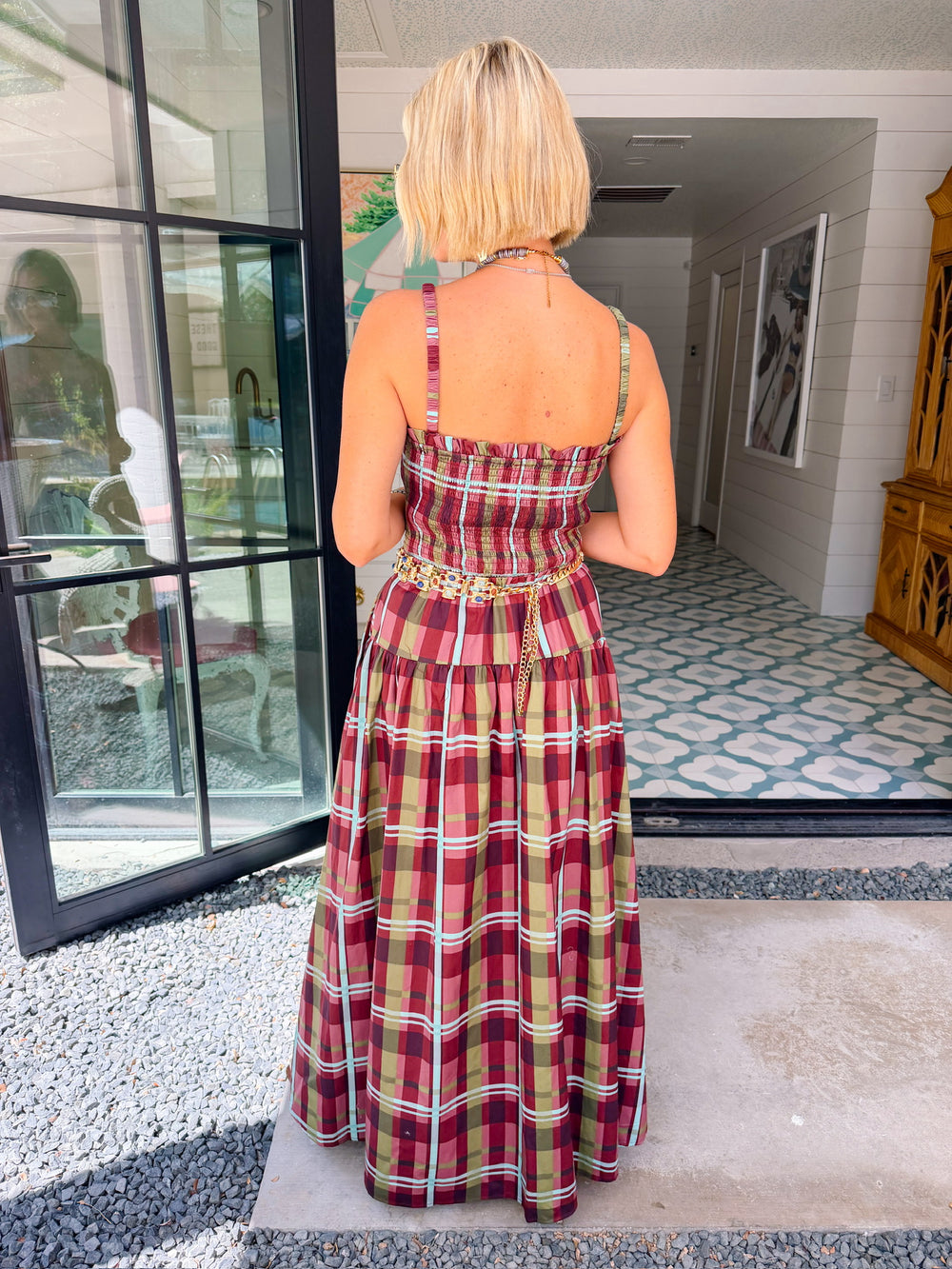 KAYLA SMOCKED PLAID MIDI DRESS - BURGUNDY
