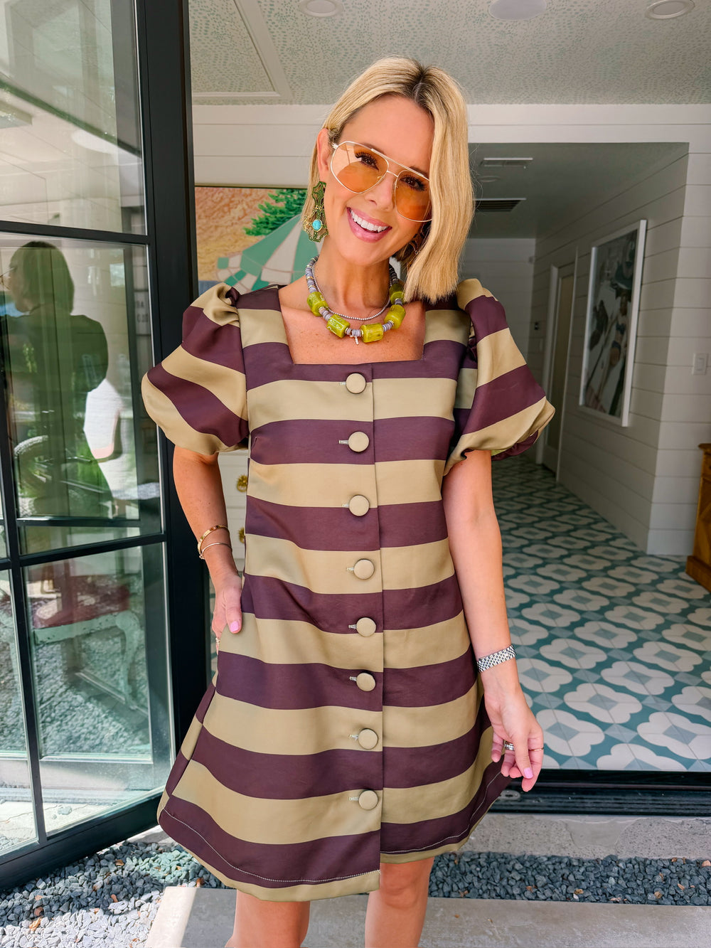 RIGHT ON TIME STRIPE PUFF SLEEVE DRESS - GREEN/BROWN