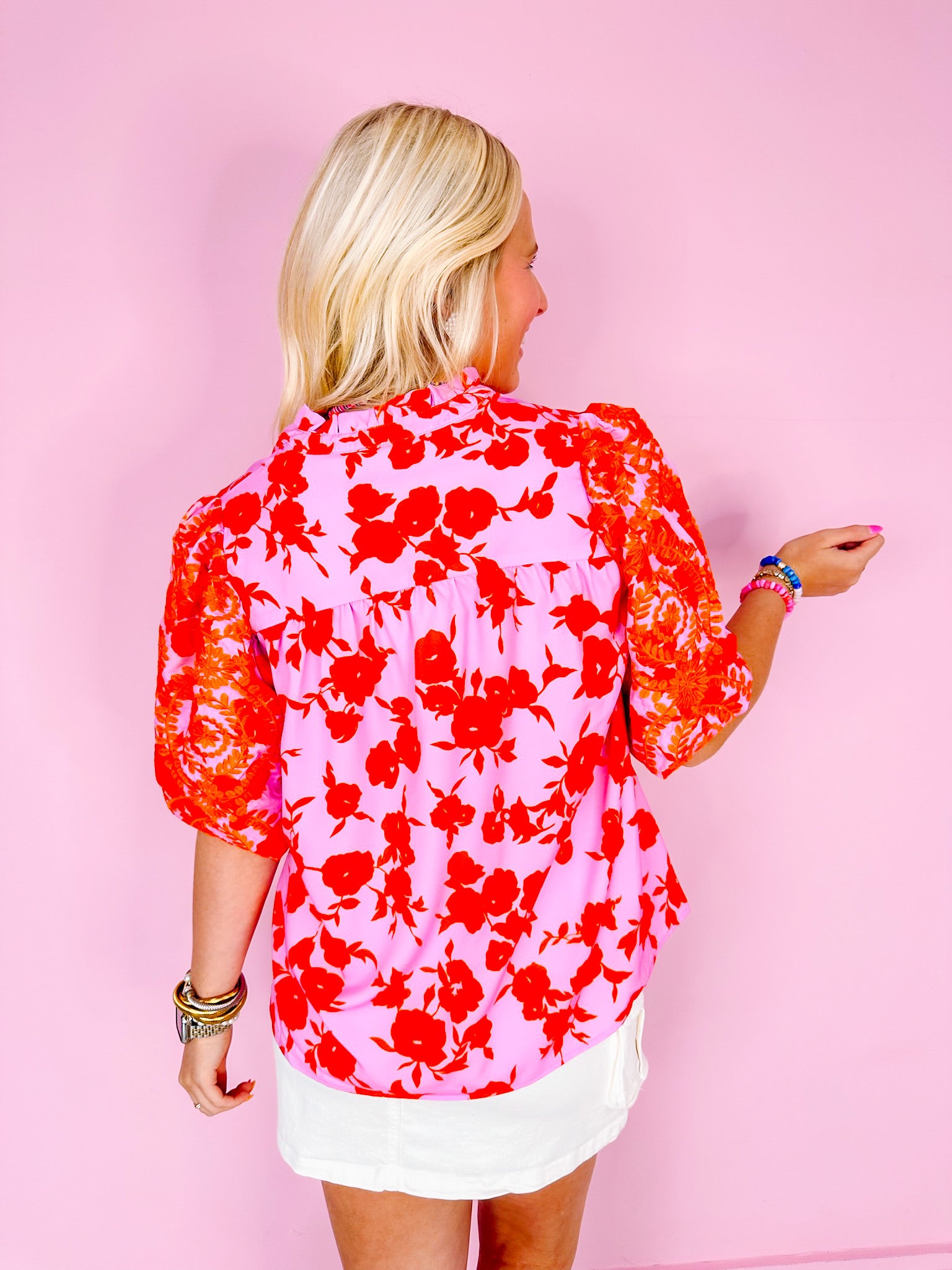 FLORAL SUNSETS EMBROIDERED PUFF SLEEVE TOP - PINK