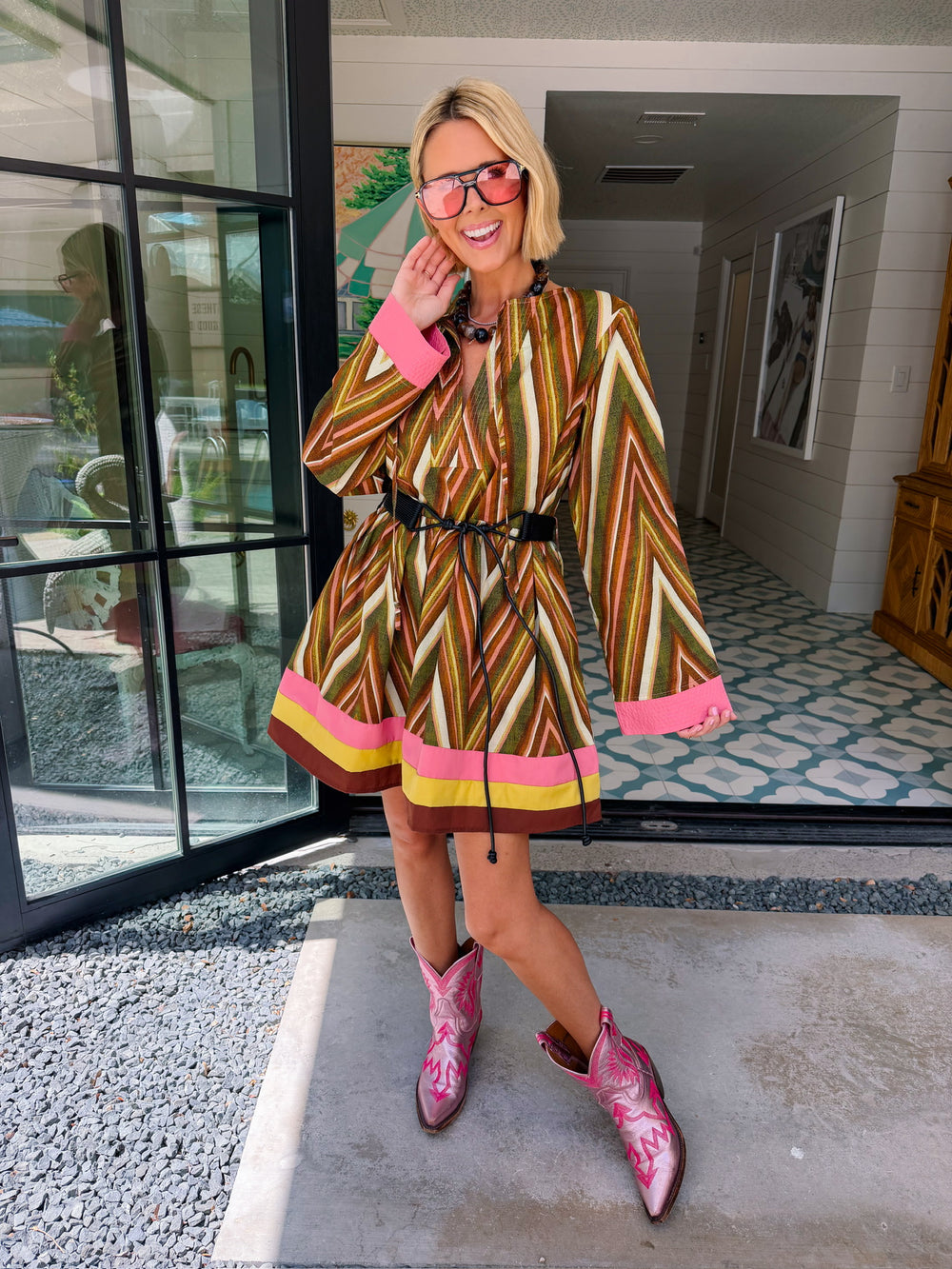 PUT TOGETHER ZIG ZAG BELTED DRESS - GREEN/PINK