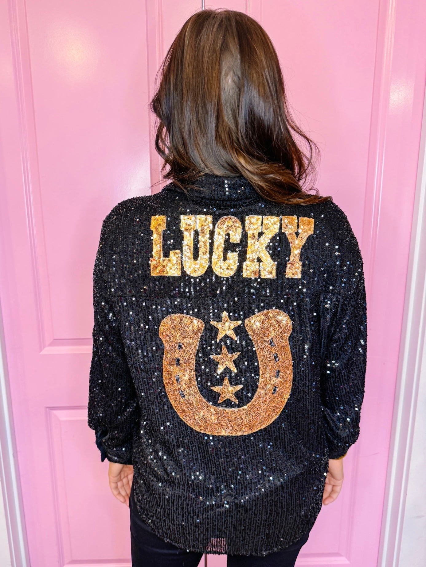 LUCKY LADY SEQUIN BUTTON UP TOP - BLACK