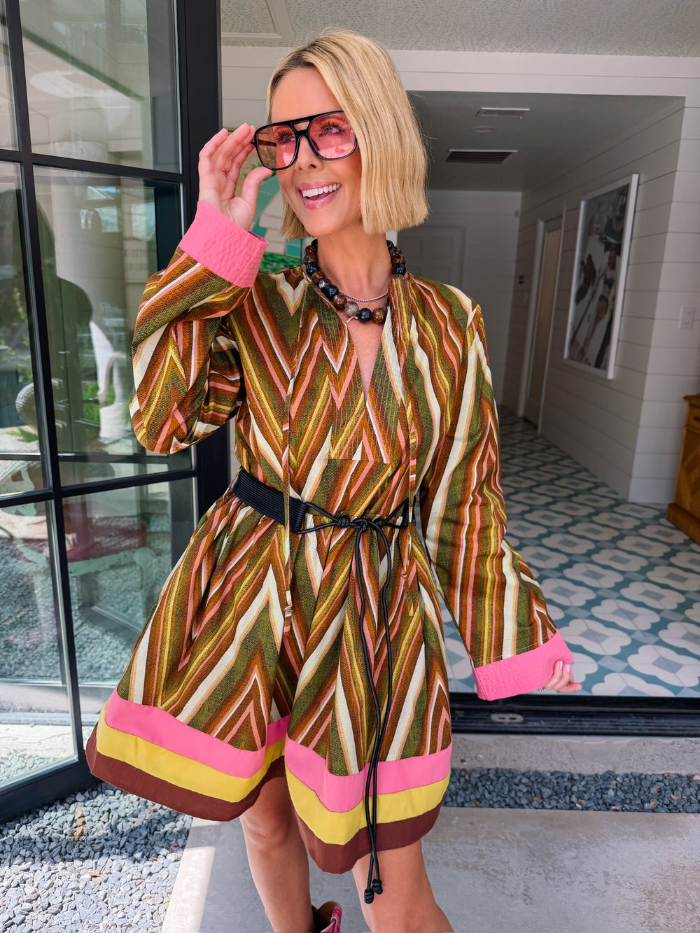 PUT TOGETHER ZIG ZAG BELTED DRESS - GREEN/PINK