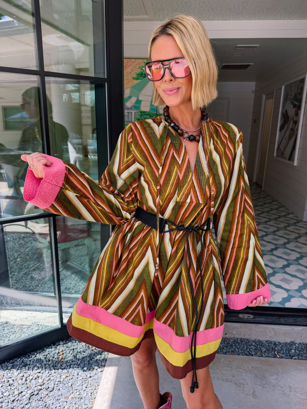 PUT TOGETHER ZIG ZAG BELTED DRESS - GREEN/PINK