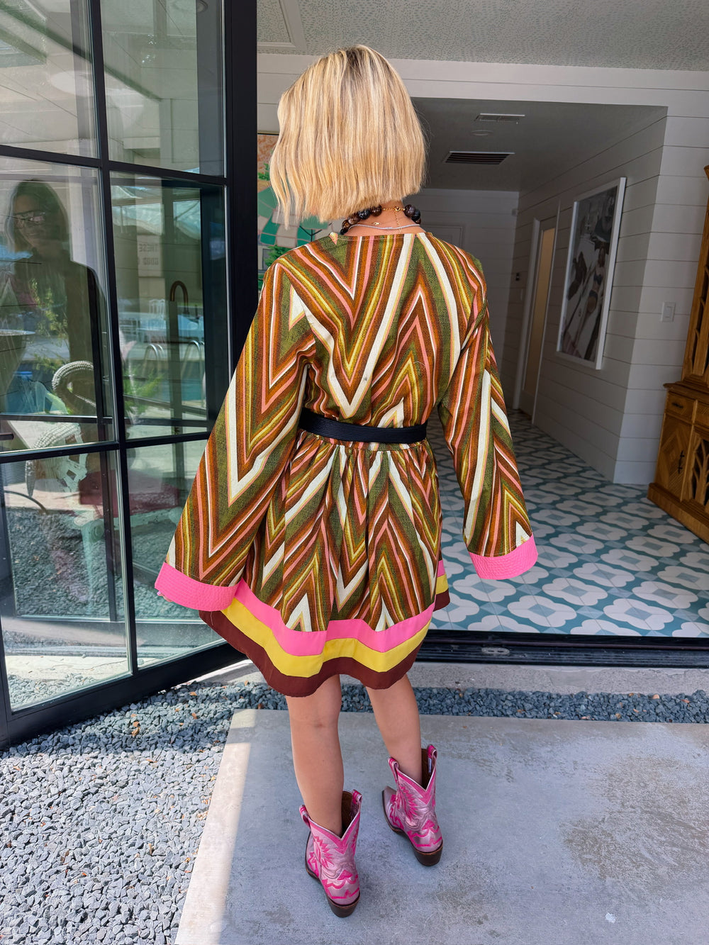 PUT TOGETHER ZIG ZAG BELTED DRESS - GREEN/PINK