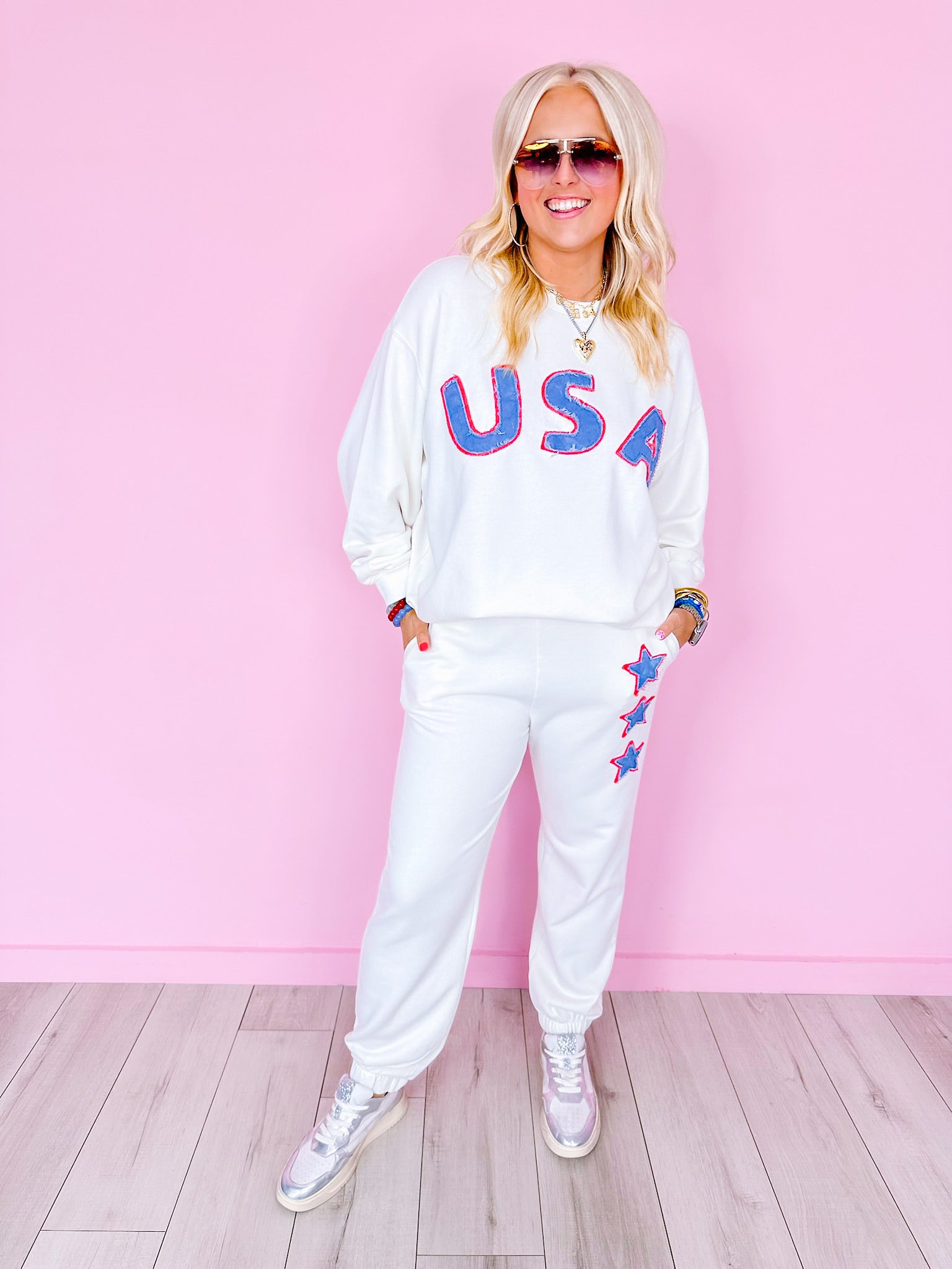 USA STAR PATCH LOUNGE TERRY PANTS - WHITE