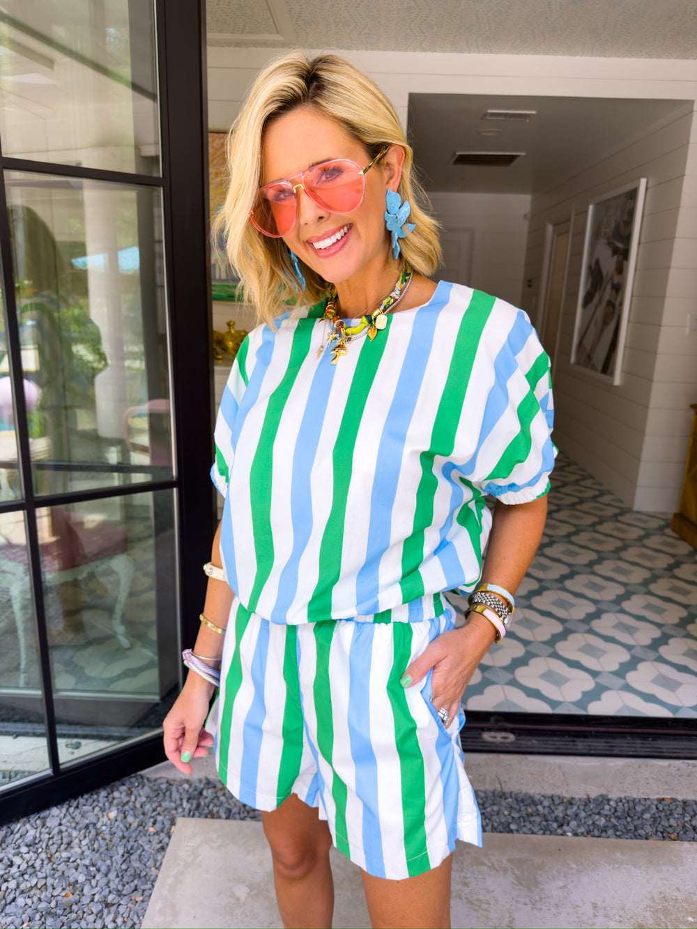 SPRING IN YOUR STEP STRIPE SHORT SET - BLUE/GREEN