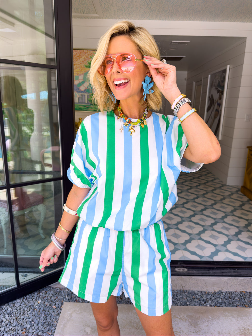SPRING IN YOUR STEP STRIPE SHORT SET - BLUE/GREEN