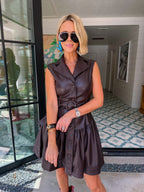 SET THE TONE FAUX LEATHER DROP WAIST DRESS - BROWN