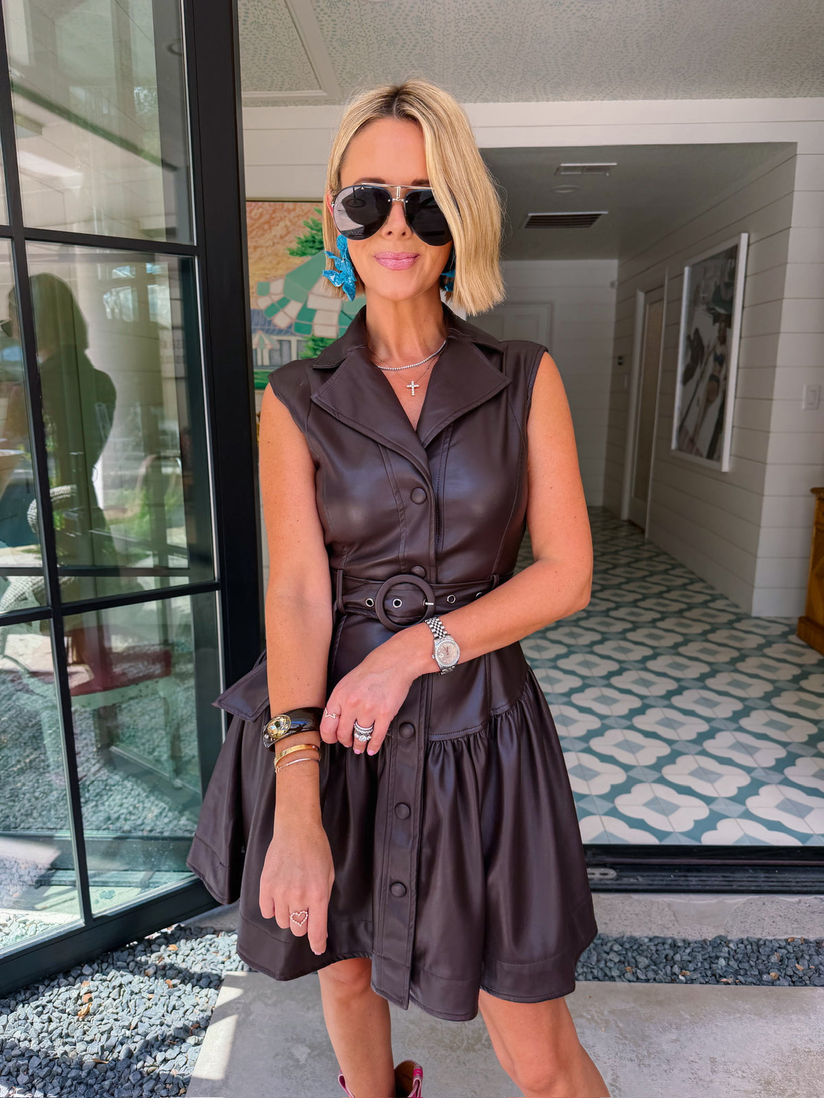 SET THE TONE FAUX LEATHER DROP WAIST DRESS - BROWN