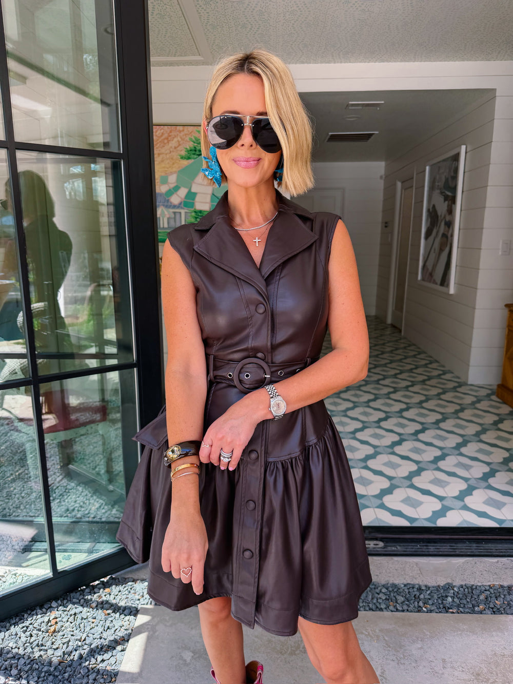 SET THE TONE FAUX LEATHER DROP WAIST DRESS - BROWN